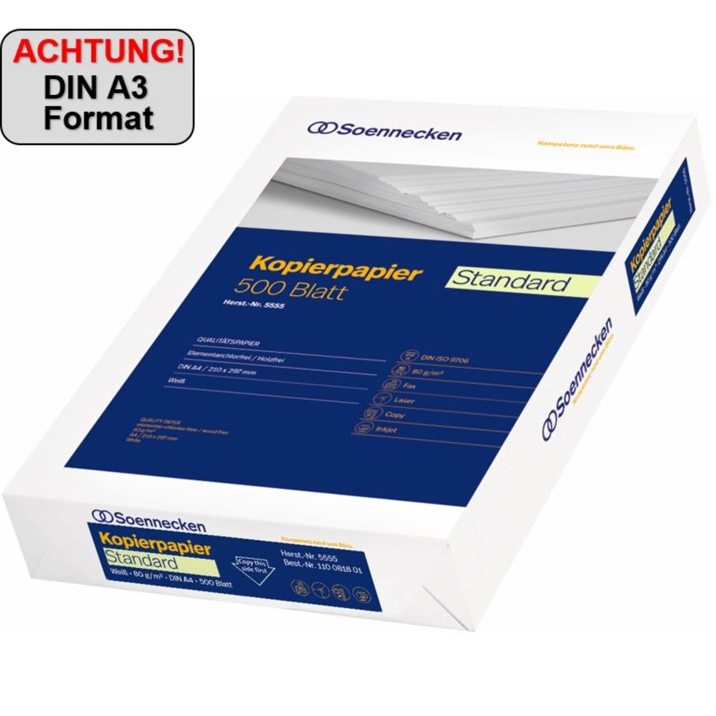 Soennecken Kopierpapier Standard DIN A3 80g/m² elementar chlorfrei gebleicht, holzfrei weiß 500 Bl./Pack.