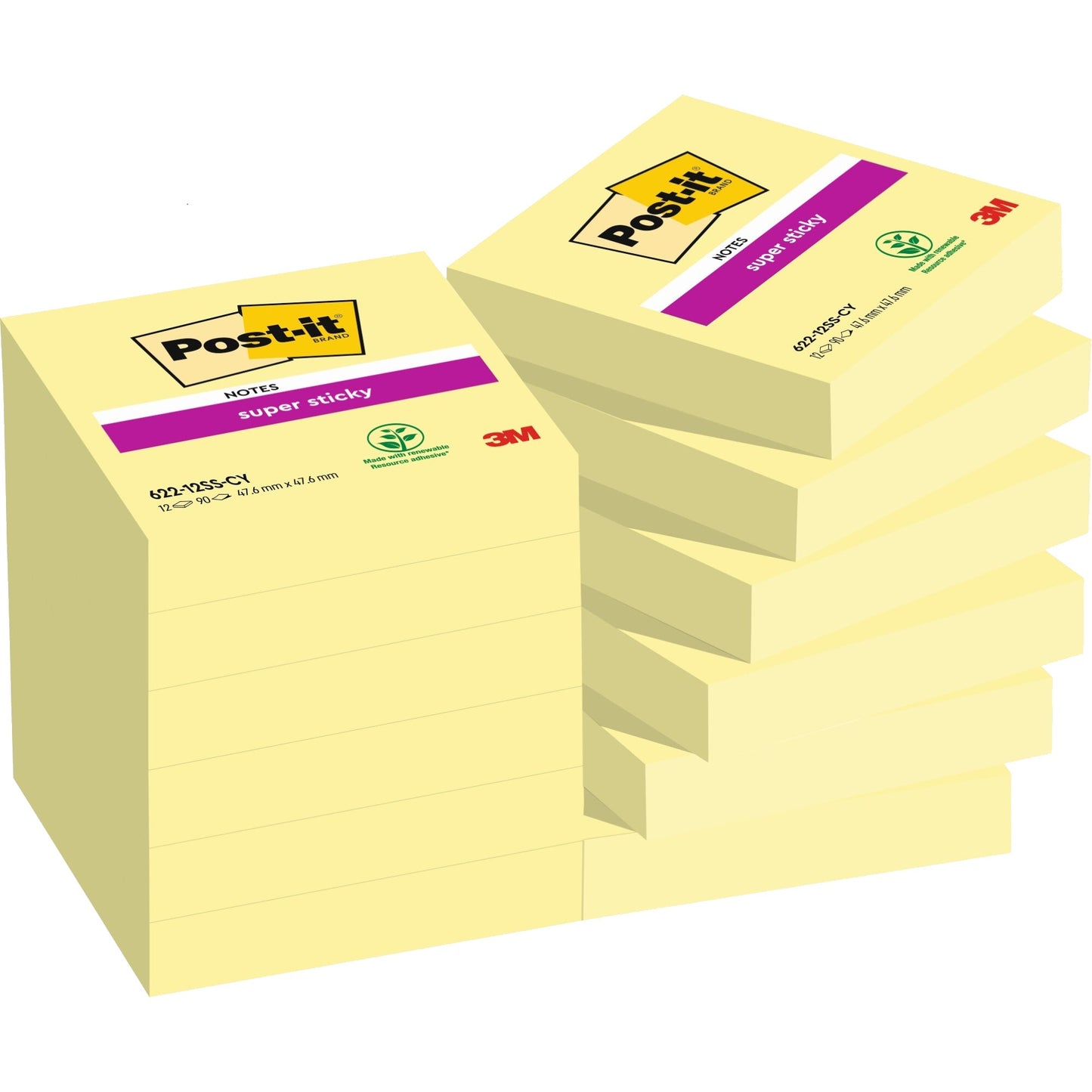 Post-it® Haftnotiz Super Sticky Notes 47,6 x 47,6 mm (B x H) gelb 90 Bl./Block 12 Block/Pack.
