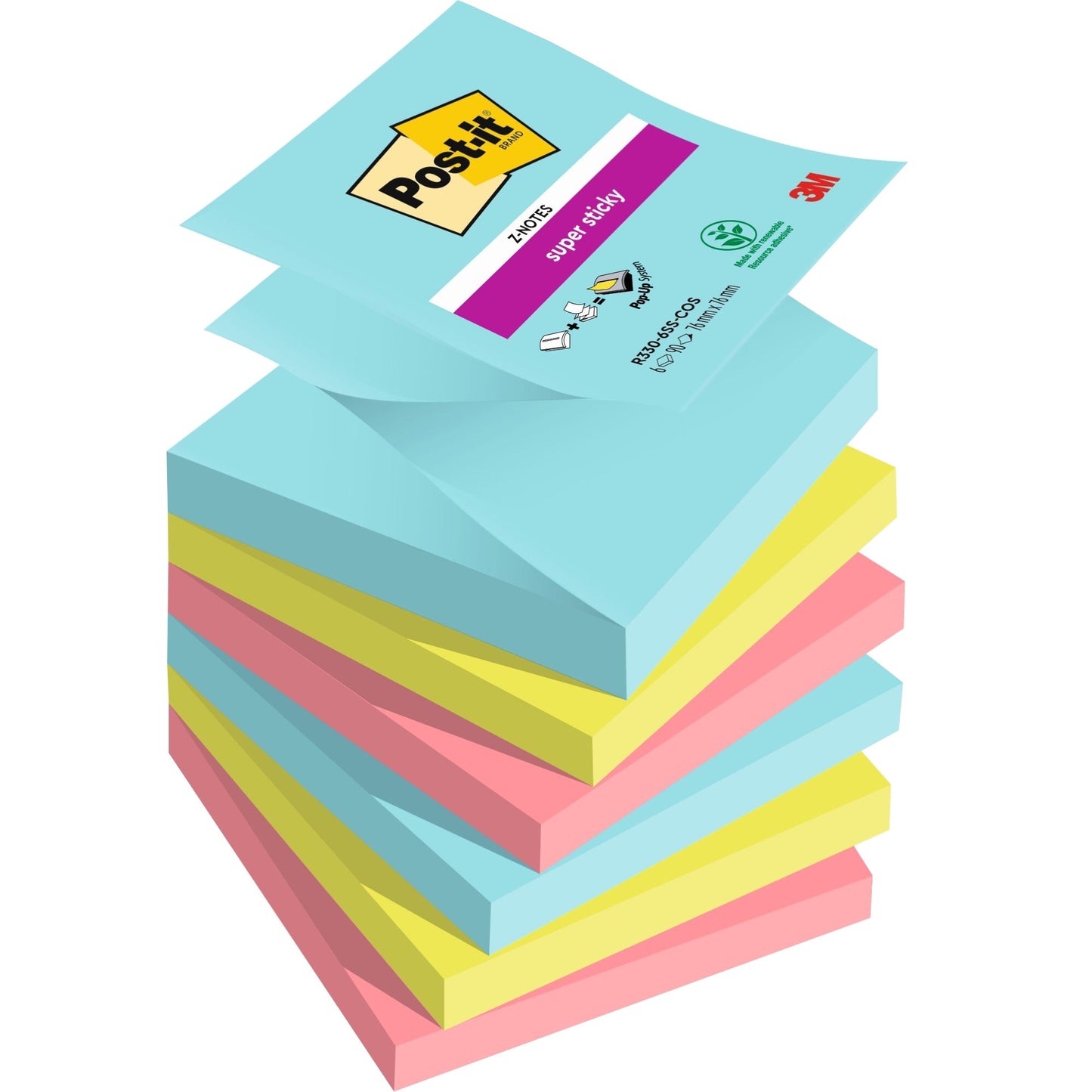 Post-it® Haftnotiz Super Sticky Z-Notes Cosmic Collection 76 x 76 mm (B x H) türkis, neongrün, guavapink 90 Bl./Block 6 Block/Pack.