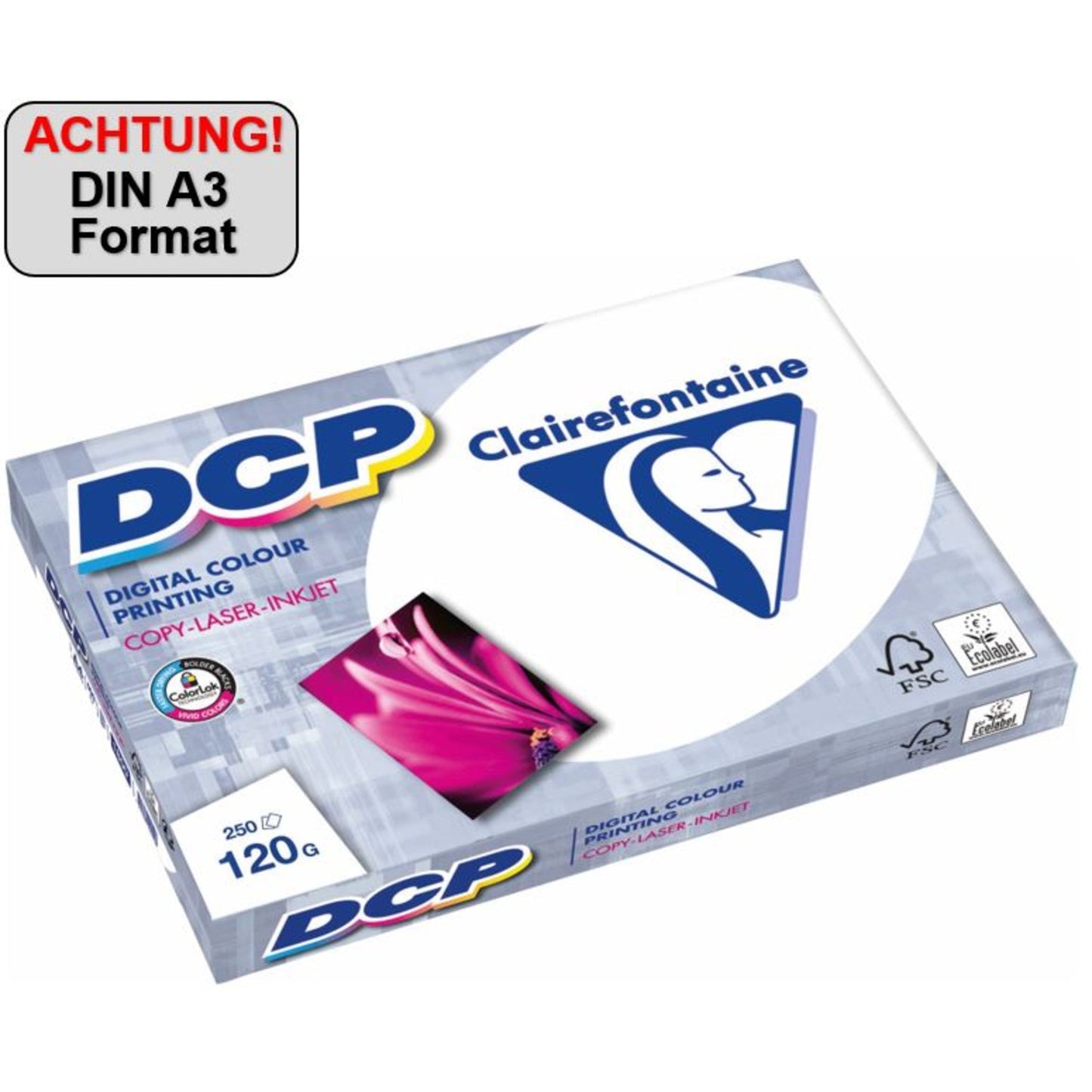 Clairefontaine Farblaserpapier DCP DIN A3 120g/m² elementar chlorfrei gebleicht hochweiß 250 Bl./Pack.