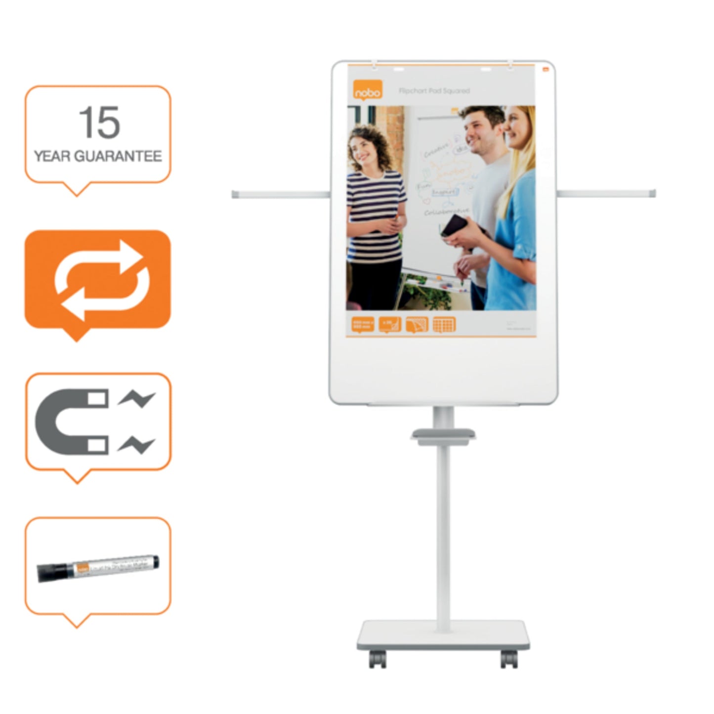 Nobo® Mobiles Flipchart Move & Meet mit Ablageschale Rechteckfuß mit 4 Rollen Stahl grau