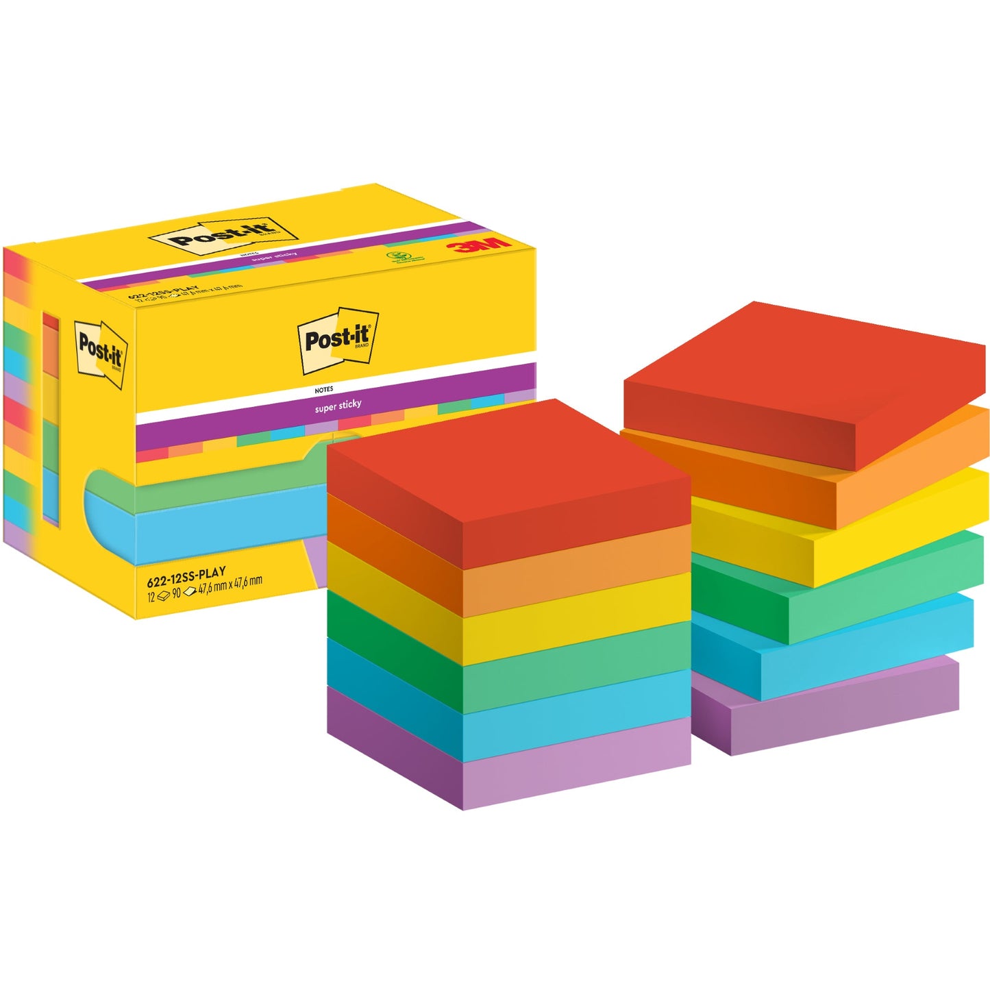 Post-it® Haftnotiz Super Sticky Notes Playful Collection 47,6 x 47,6 mm (B x H) je 2 x ultrarot, vitalorange, ultragelb, limonengrün, paradiseblau, flieder 90 Bl./Block 12 Block/Pack.