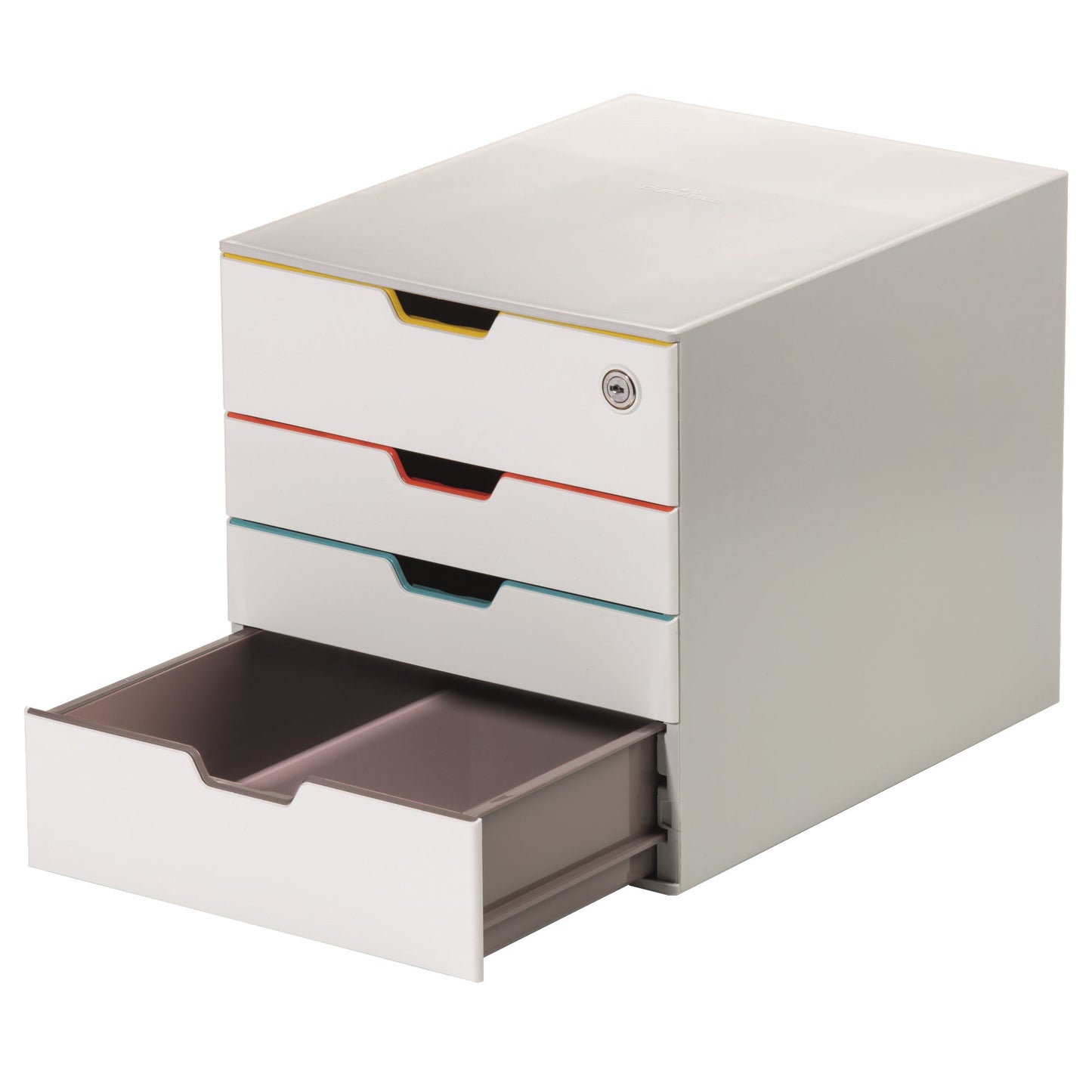DURABLE Schubladenbox VARICOLOR® MIX 4 SAFE 4 Schubladen DIN A4, DIN C4, Folio, Letter ABS Kunststoff/Polystyrol Gehäusefarbe: weiß Farbe der Schublade: weiß/mehrfarbig