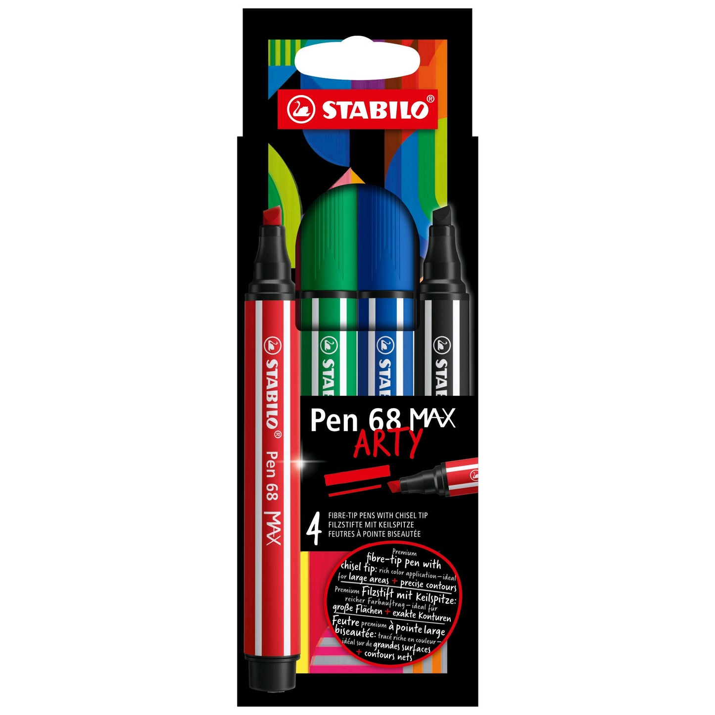 STABILO® Fasermaler Pen 68 MAX ARTY 1-5mm farbig sortiert nicht auswaschbar 4 St./Pack.