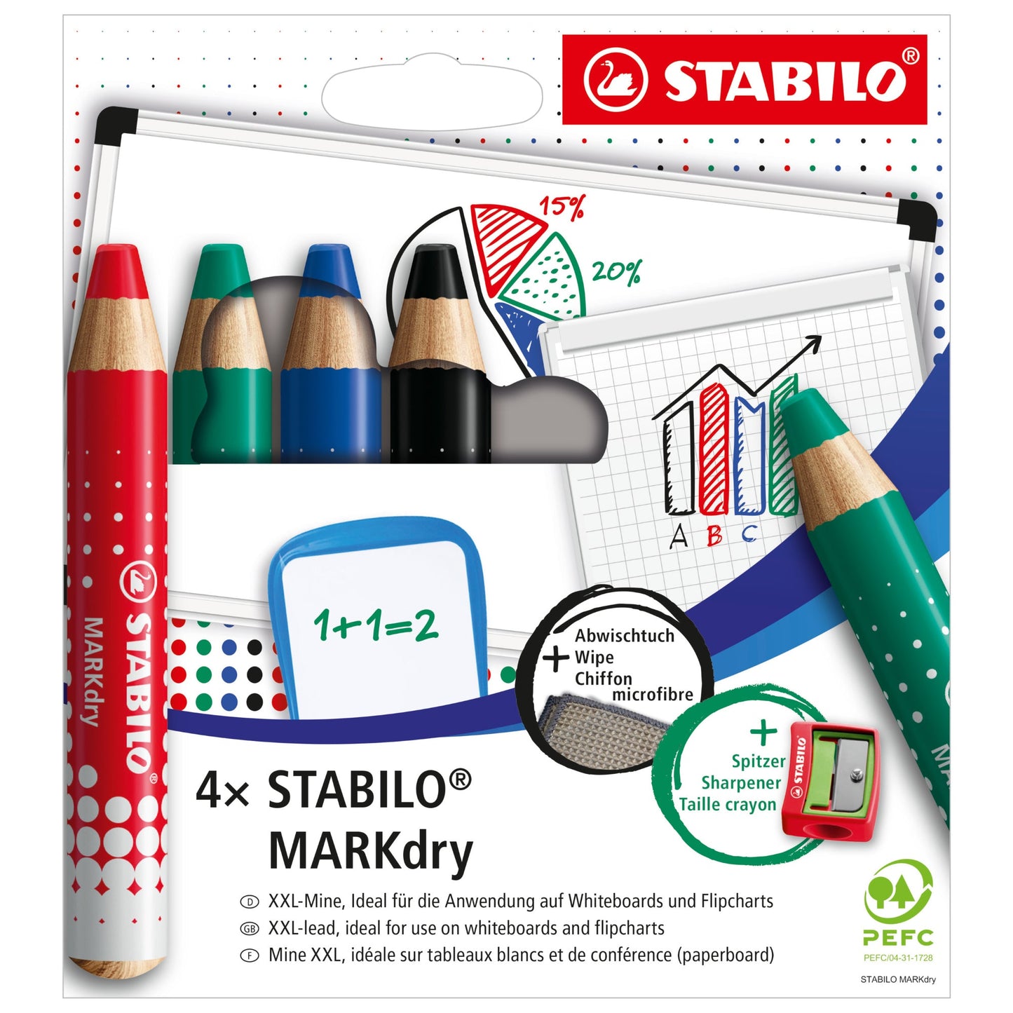 STABILO® Whiteboard-/Flipchartmarker MARKdry rot, blau, grün, schwarz Rundspitze inkl. Abwischtuch, Spitzer 4 St./Pack.