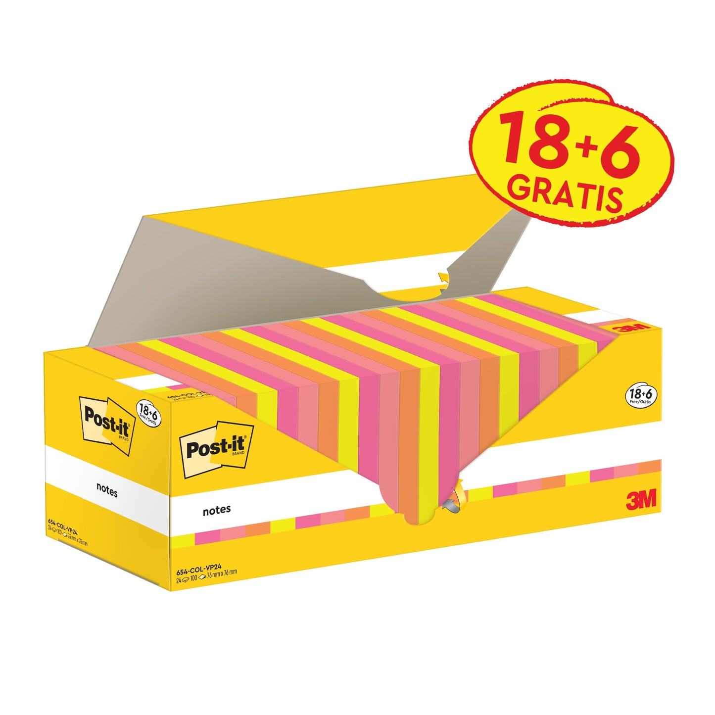 Post-it® Haftnotiz Notes Promotion 76 x 76 mm (B x H) je 1 x neongelb, pink, rosa, vitalorange 100 Bl./Block 24 Block/Pack.
