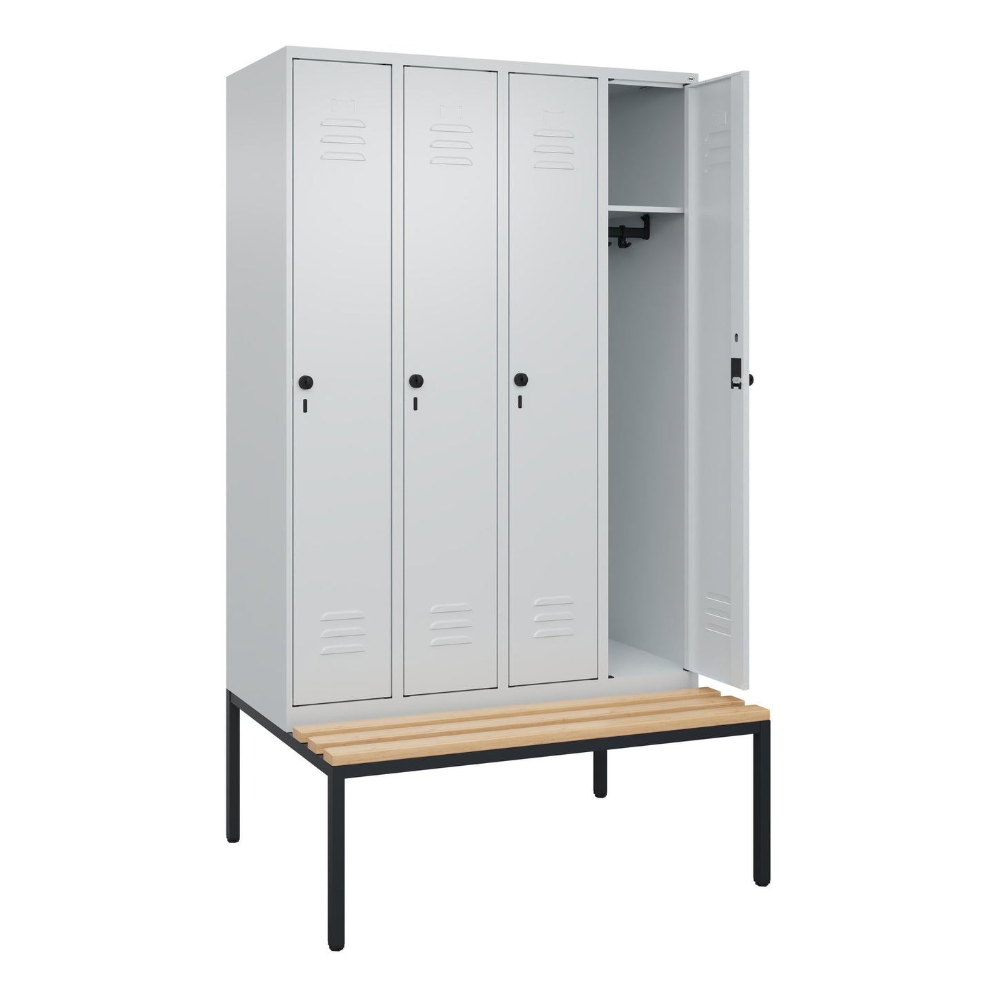 C+P Kleiderspind Classic PLUS 1.200 x 2.120 x 815 mm (B x H x T) 4 Abteile Stahl/Holz Farbe der Front: lichtgrau Farbe des Korpus: lichtgrau