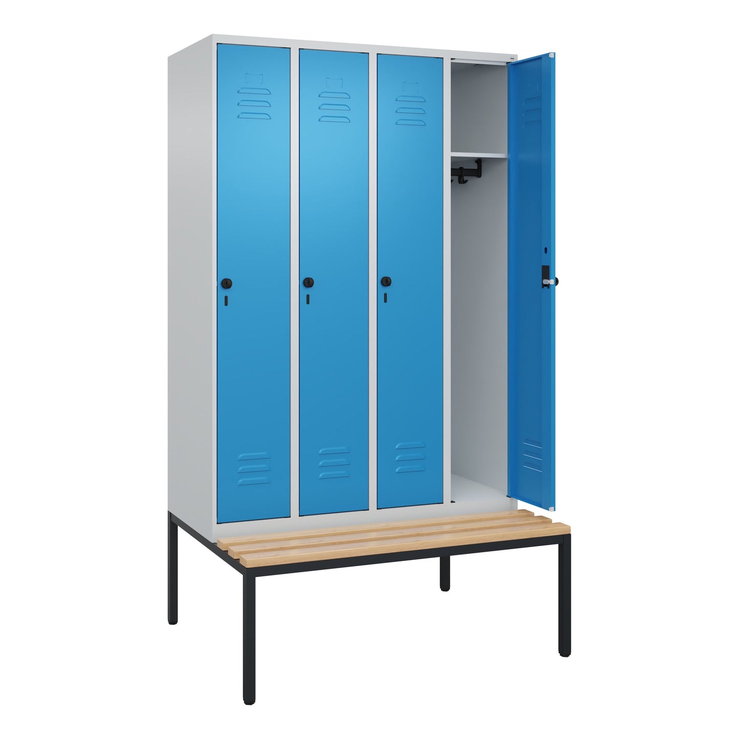 C+P Kleiderspind Classic PLUS 1.200 x 2.120 x 815 mm (B x H x T) 4 Abteile Stahl/Holz Farbe der Front: lichtblau Farbe des Korpus: lichtgrau