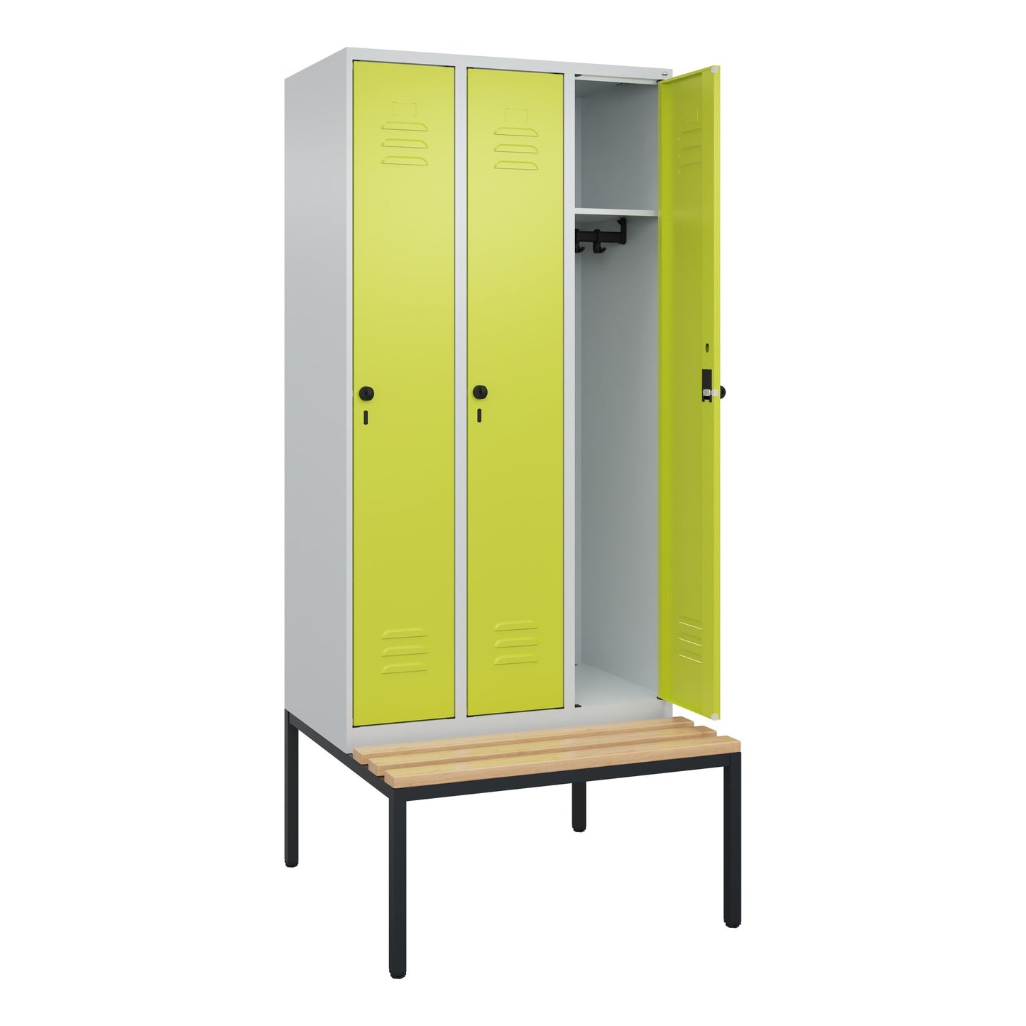 C+P Kleiderspind Classic PLUS 900 x 2.120 x 815 mm (B x H x T) 3 Abteile Stahl/Holz Farbe der Front: clowngrün Farbe des Korpus: lichtgrau