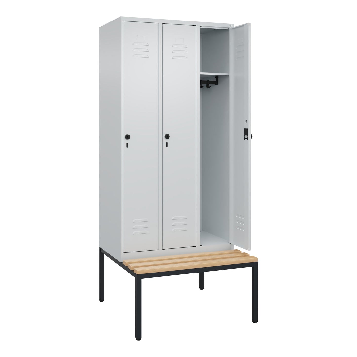C+P Kleiderspind Classic PLUS 900 x 2.120 x 815 mm (B x H x T) 3 Abteile Stahl/Holz Farbe der Front: lichtgrau Farbe des Korpus: lichtgrau