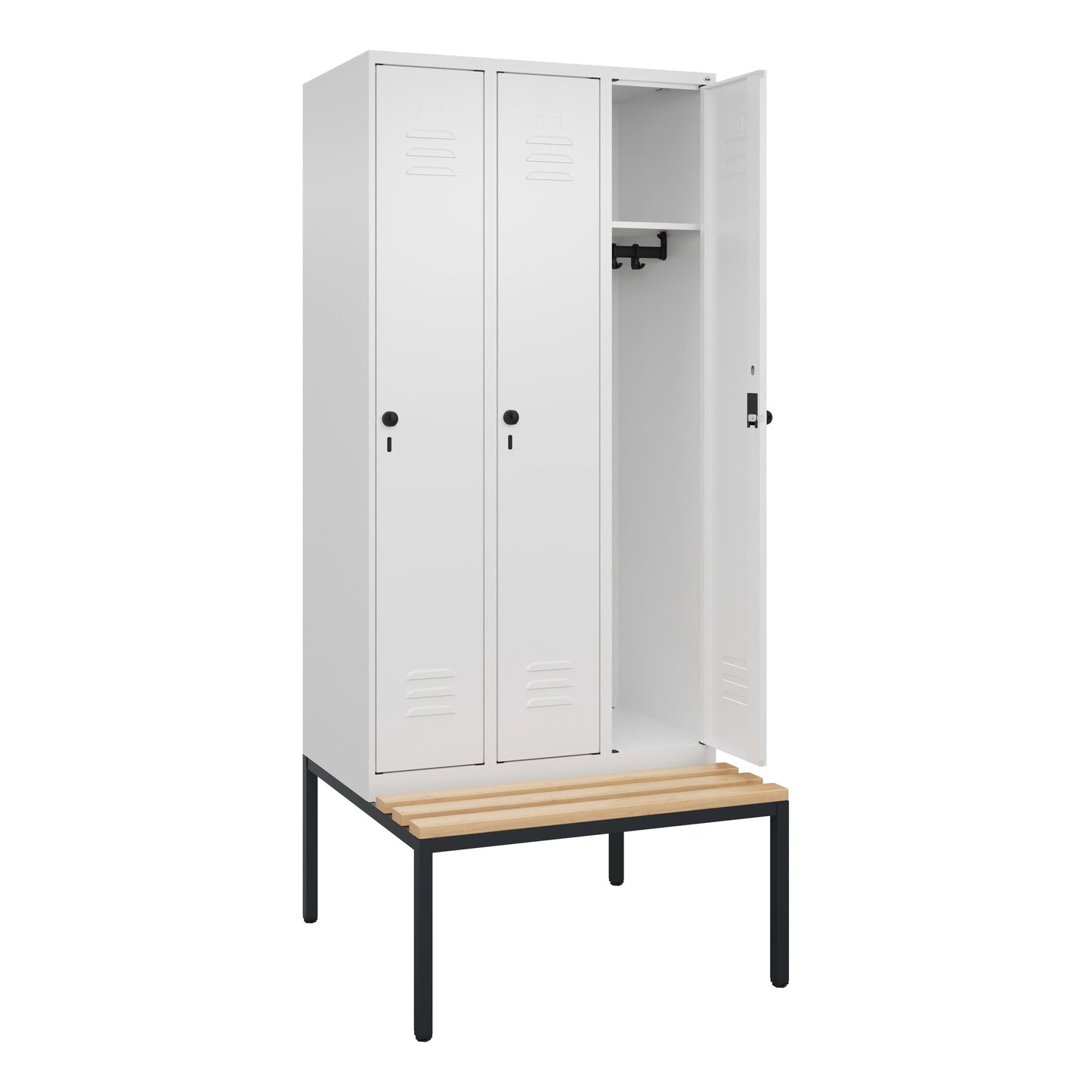 C+P Kleiderspind Classic PLUS 900 x 2.120 x 815 mm (B x H x T) 3 Abteile Stahl/Holz Farbe der Front: verkehrsweiß Farbe des Korpus: verkehrsweiß