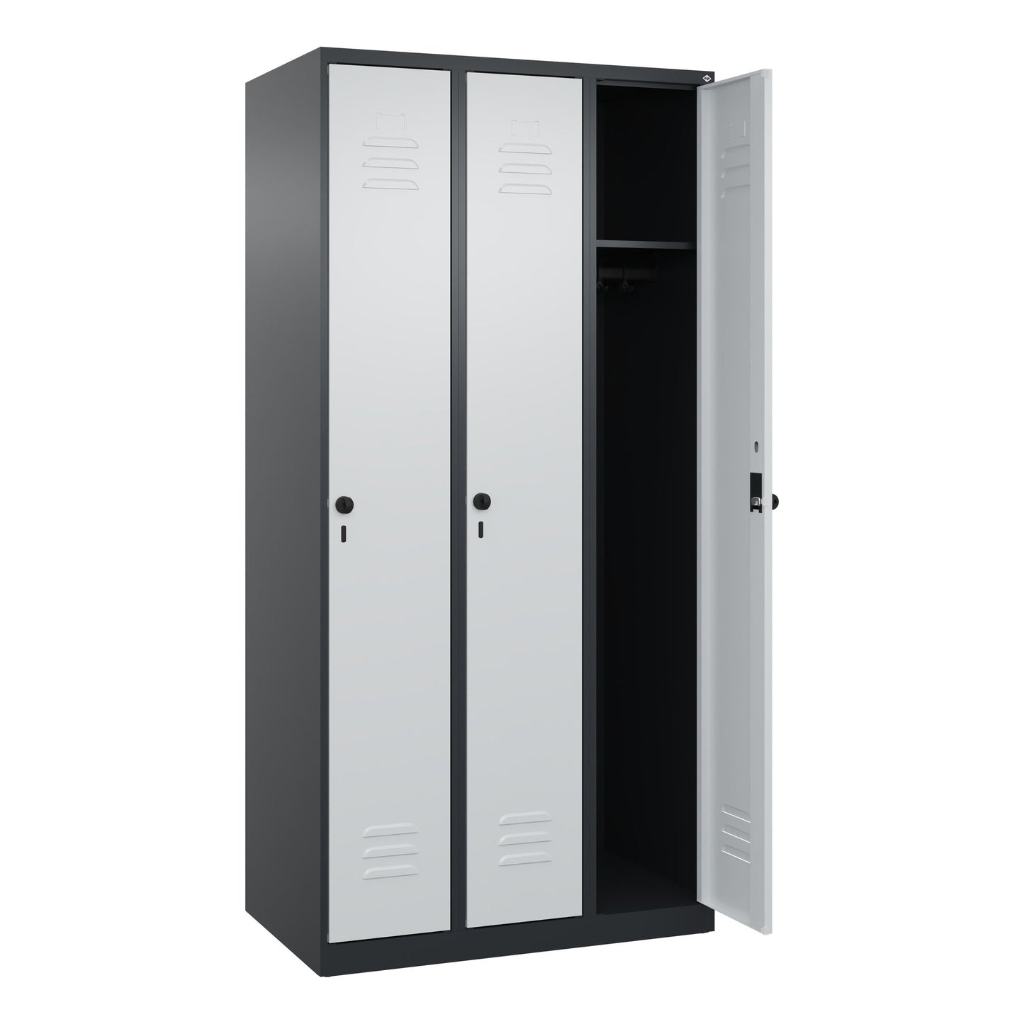 C+P Kleiderspind Classic PLUS 900 x 1.850 x 500 mm (B x H x T) 3 Abteile Stahl Farbe der Front: lichtgrau Farbe des Korpus: schwarzgrau