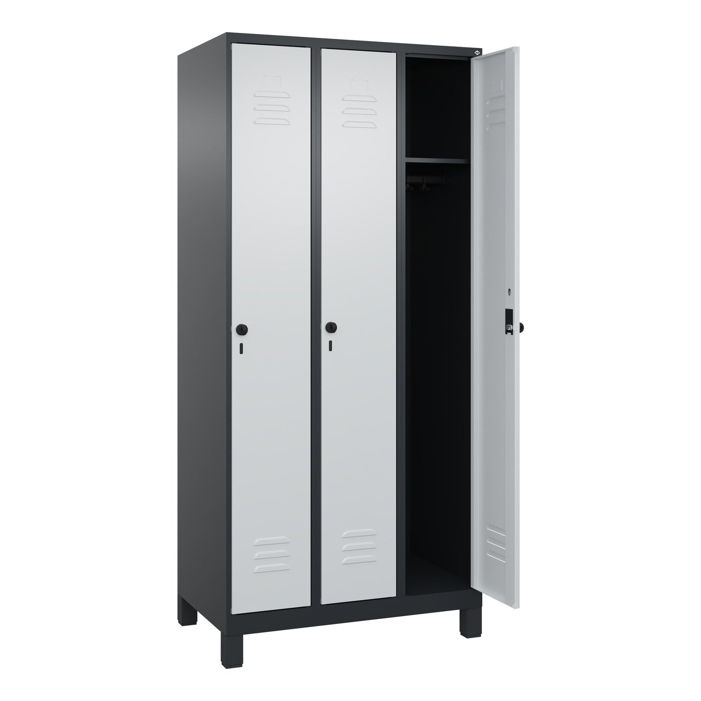 C+P Kleiderspind Classic PLUS 900 x 1.950 x 500 mm (B x H x T) 3 Abteile Stahl Farbe der Front: lichtgrau Farbe des Korpus: schwarzgrau