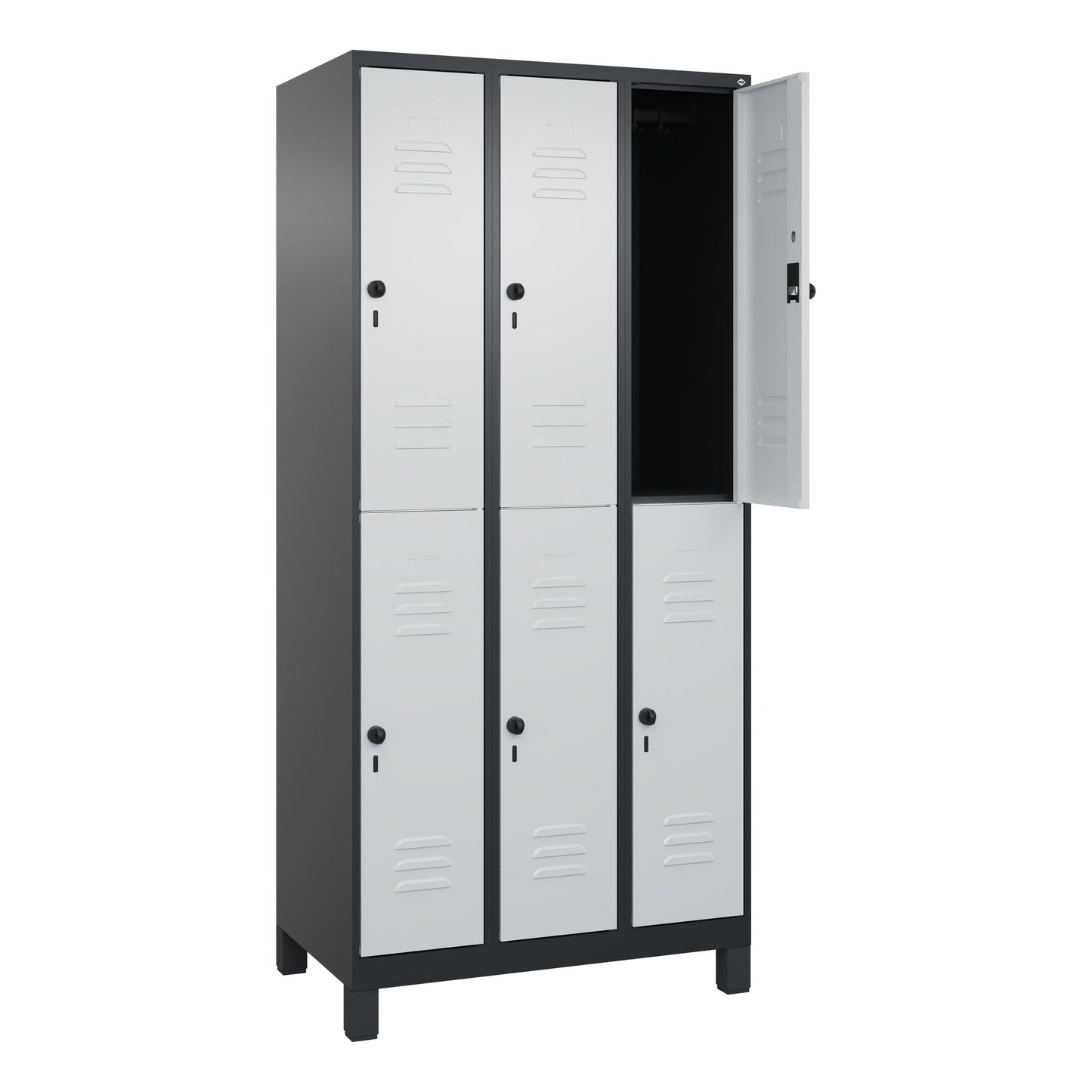 C+P Kleiderspind Classic PLUS 900 x 1.950 x 500 mm (B x H x T) 3 Abteile Stahl Farbe der Front: lichtgrau Farbe des Korpus: schwarzgrau