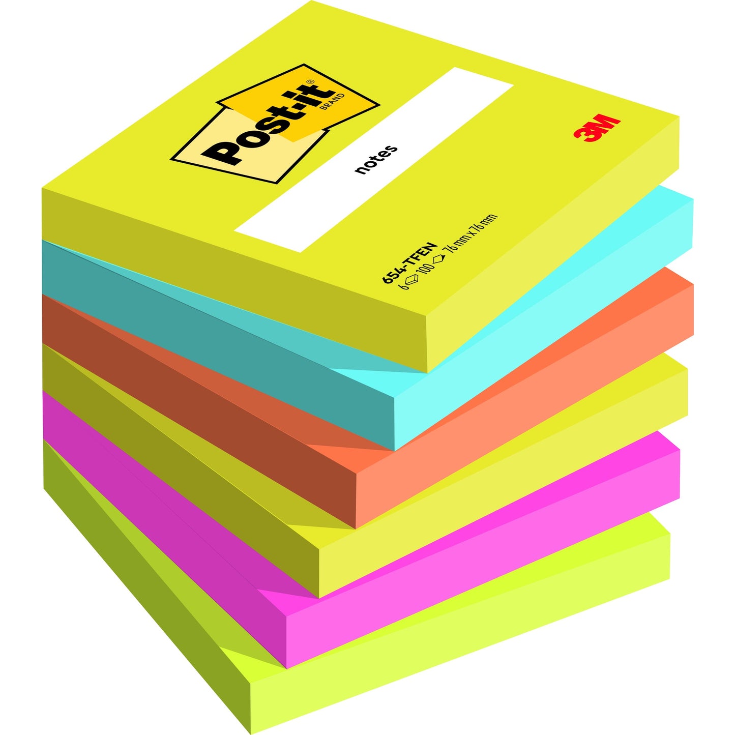 Post-it® Haftnotiz Notes Energetic Collection 76 x 76 mm (B x H) neongelb, paradiseblau, vitalorange, powerpink, neongrün 100 Bl./Block 6 Block/Pack.