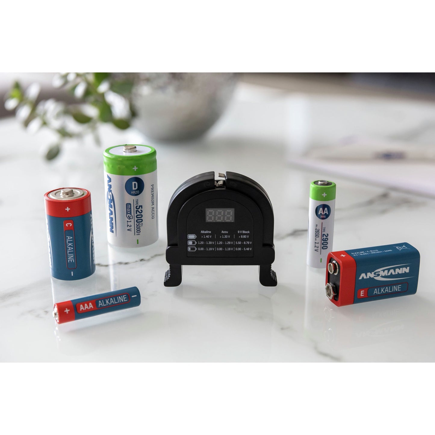 ANSMANN Batterietester Alkaline Batterien, NiMH Akkus AAA/Micro, AA/Mignon, C/Baby, D/Mono, E-Block