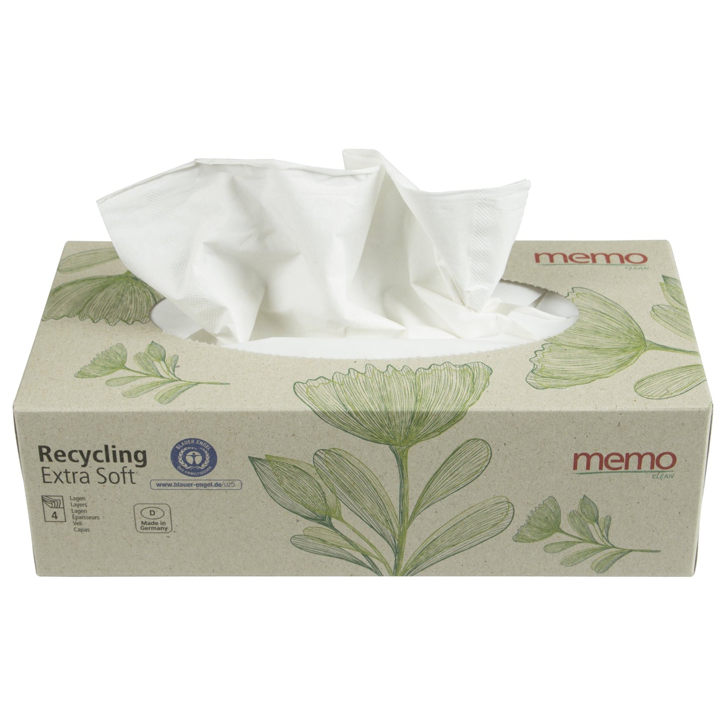 memo Papiertaschentücher Recycling Extra Soft 20 x 21 cm (B x H) 4-lagig Papier, 100 % recycelt weiß 100 St./Pack.