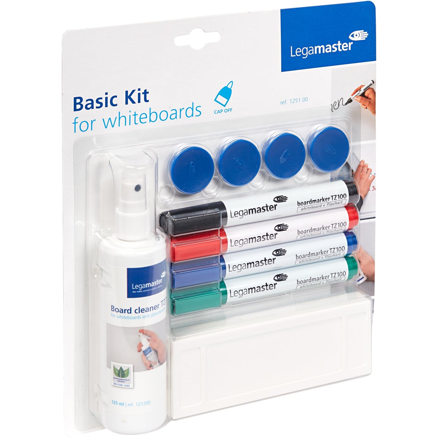 Legamaster Starterset Whiteboard Basic Kit 4 Boardmarker TZ100 (schwarz, rot, blau, grün), 1 Whiteboardlöscher, 1 Whiteboardreiniger 125 ml, 4 Haftmagnete Ø 30 mm