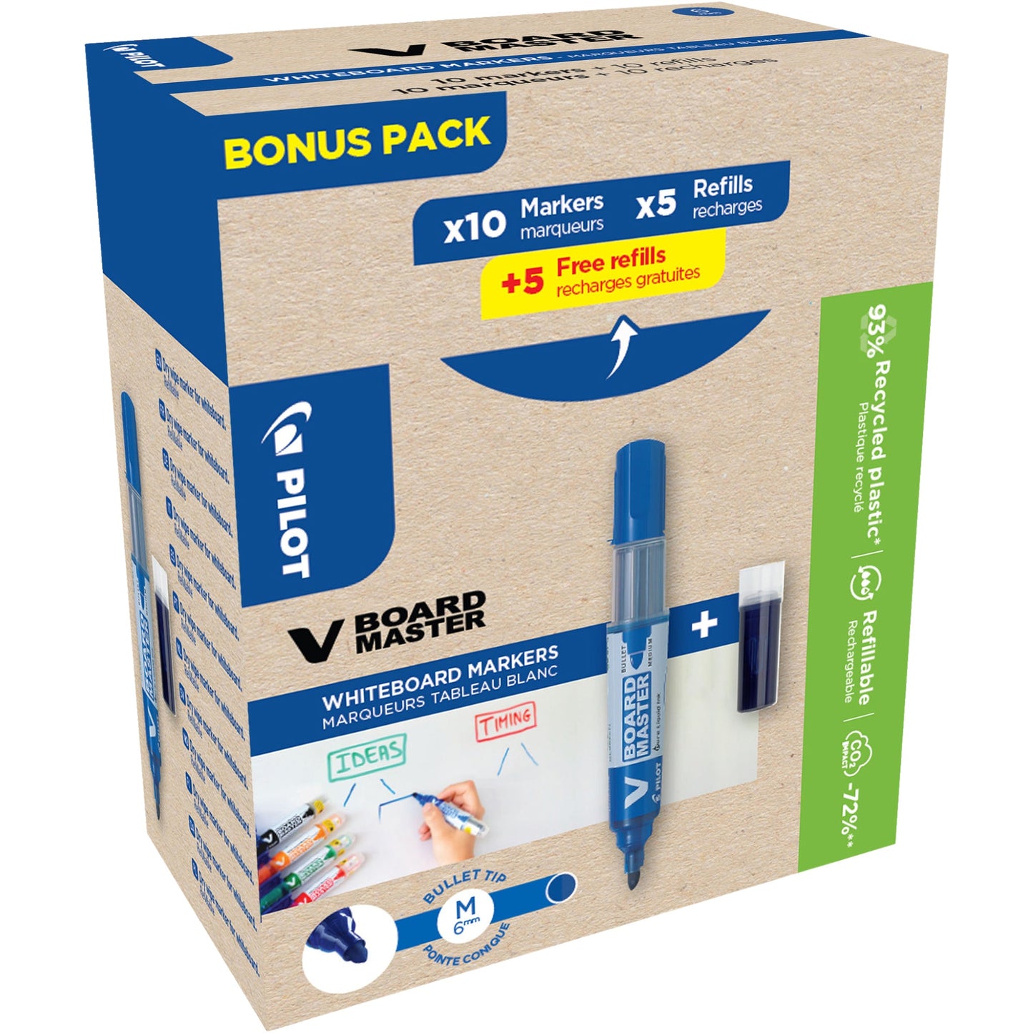 PILOT Whiteboard-/Flipchartmarker V-Board Master BeGreen je 10 x Whiteboard-/Flipchartmarker, Patronen 5003 2,3mm blau Rundspitze