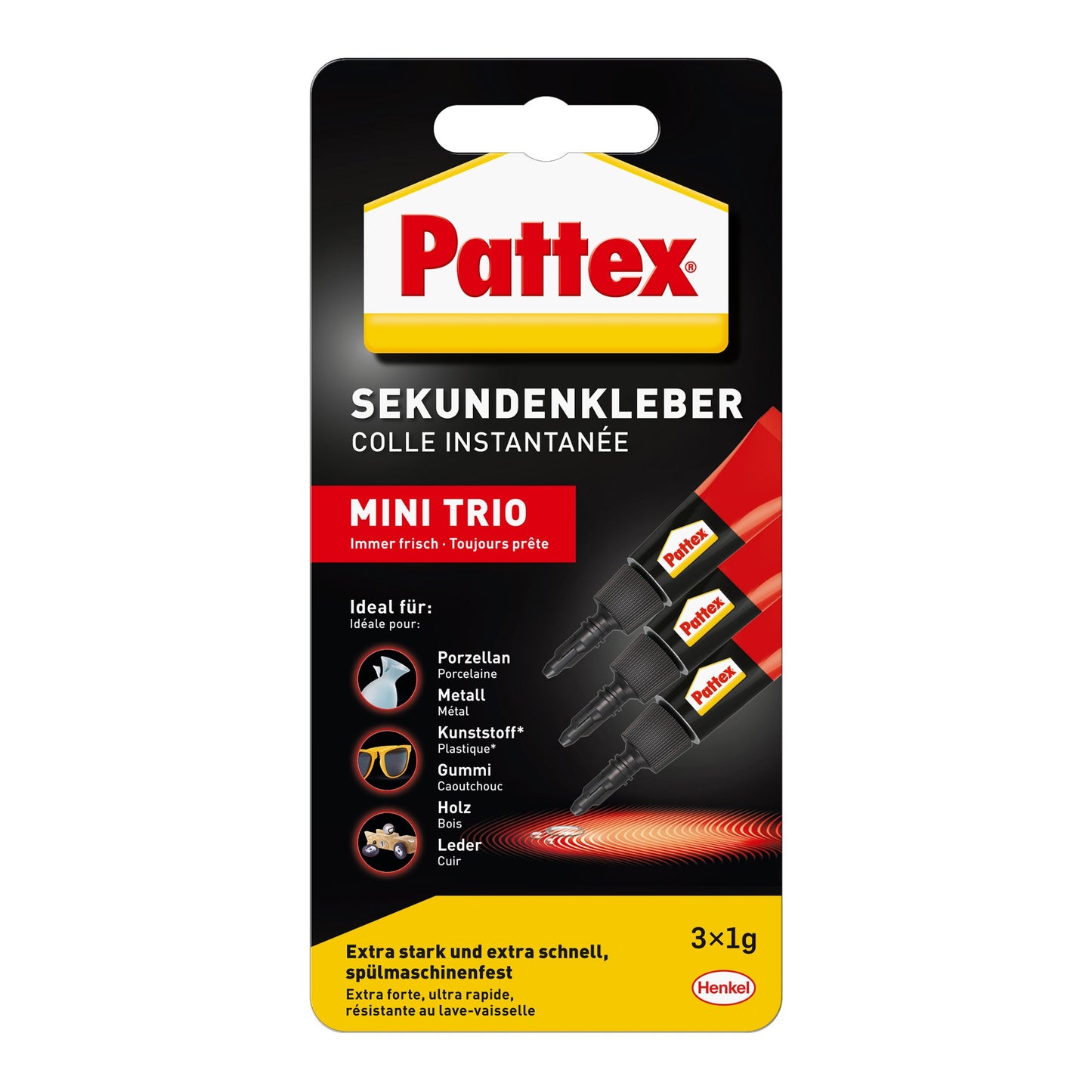 Pattex Sekundenkleber MINI TRIO Kunststoff, Porzellan, Keramik 3 x 1 g/Pack.