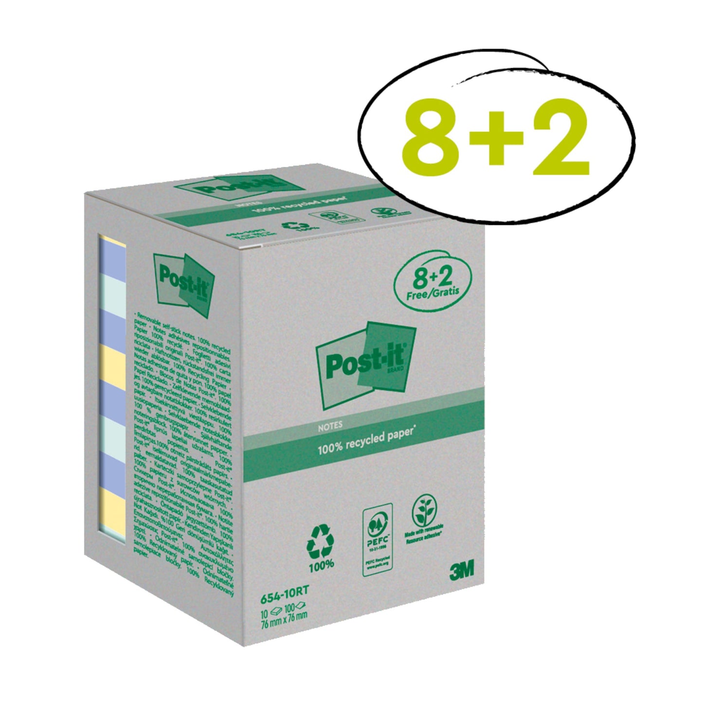 Post-it® Haftnotiz Recycling Notes 76 x 76 mm (B x H) je 3 x gelb, mint, 4 x hellblau 100 Bl./Block 10 Block/Pack.