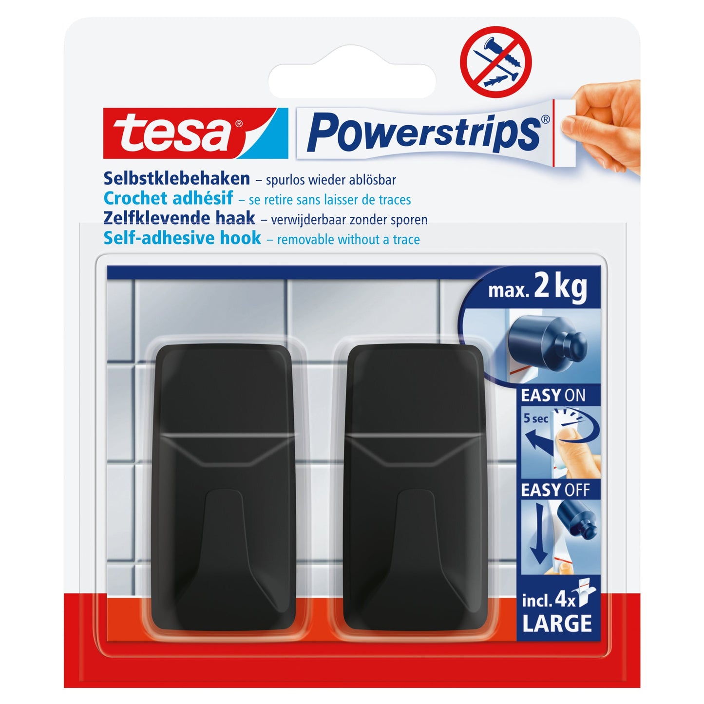 tesa® Haken Powerstrips® Large Fliesen, Glas, Holz, Kunststoff 2kg inkl. 4 Powerstrips® Large schwarz 2 St./Pack.