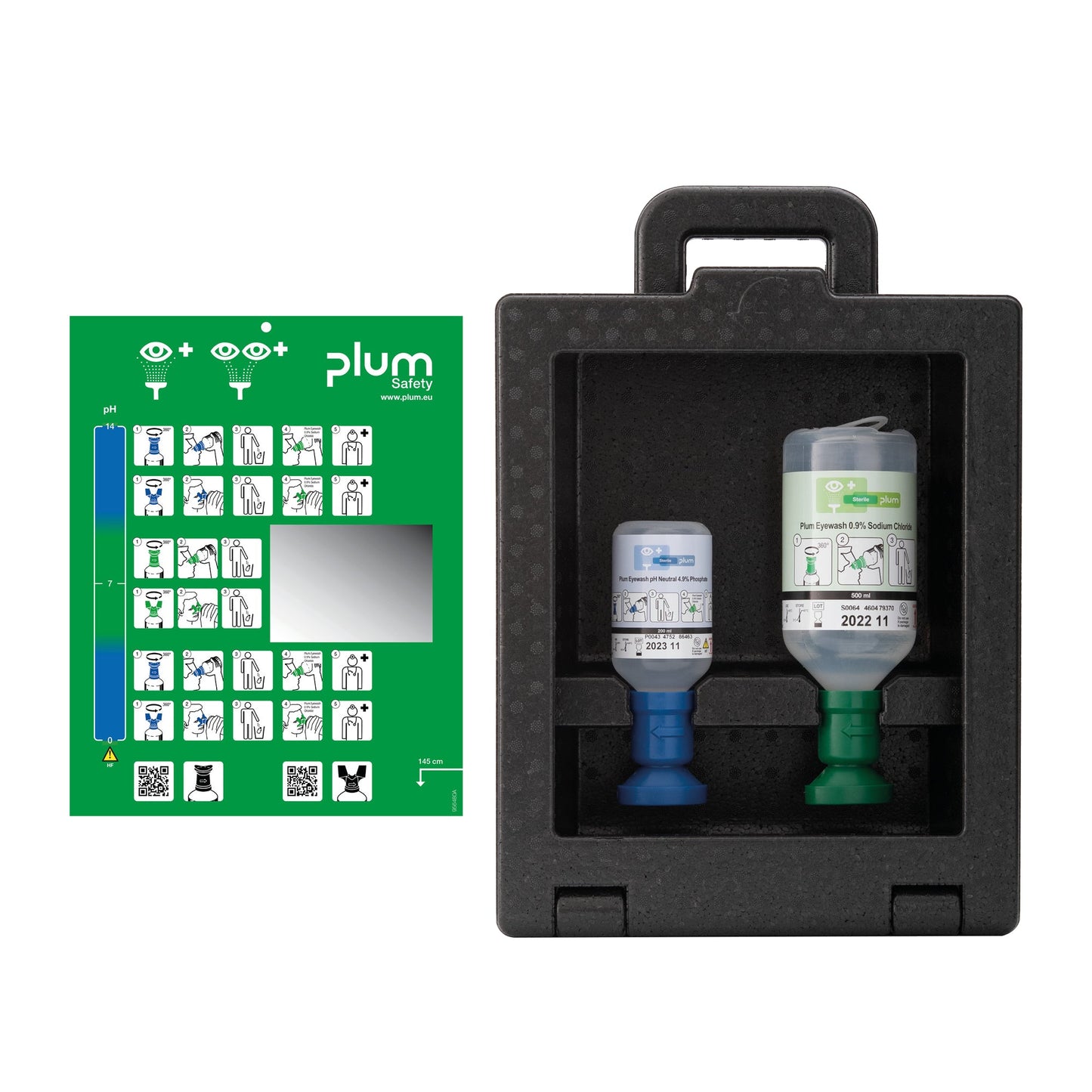 PLUM Augenspülstation iBox 2 42,5 x 29 x 13,5 cm (B x H x T) je 1 x 200 ml Plum Eyewash pH Neutral 4.9 % Phosphate (4752), 500 ml Plum Eyewash 0,9 % Sodium Chloride (4604) Polypropylen schwarz