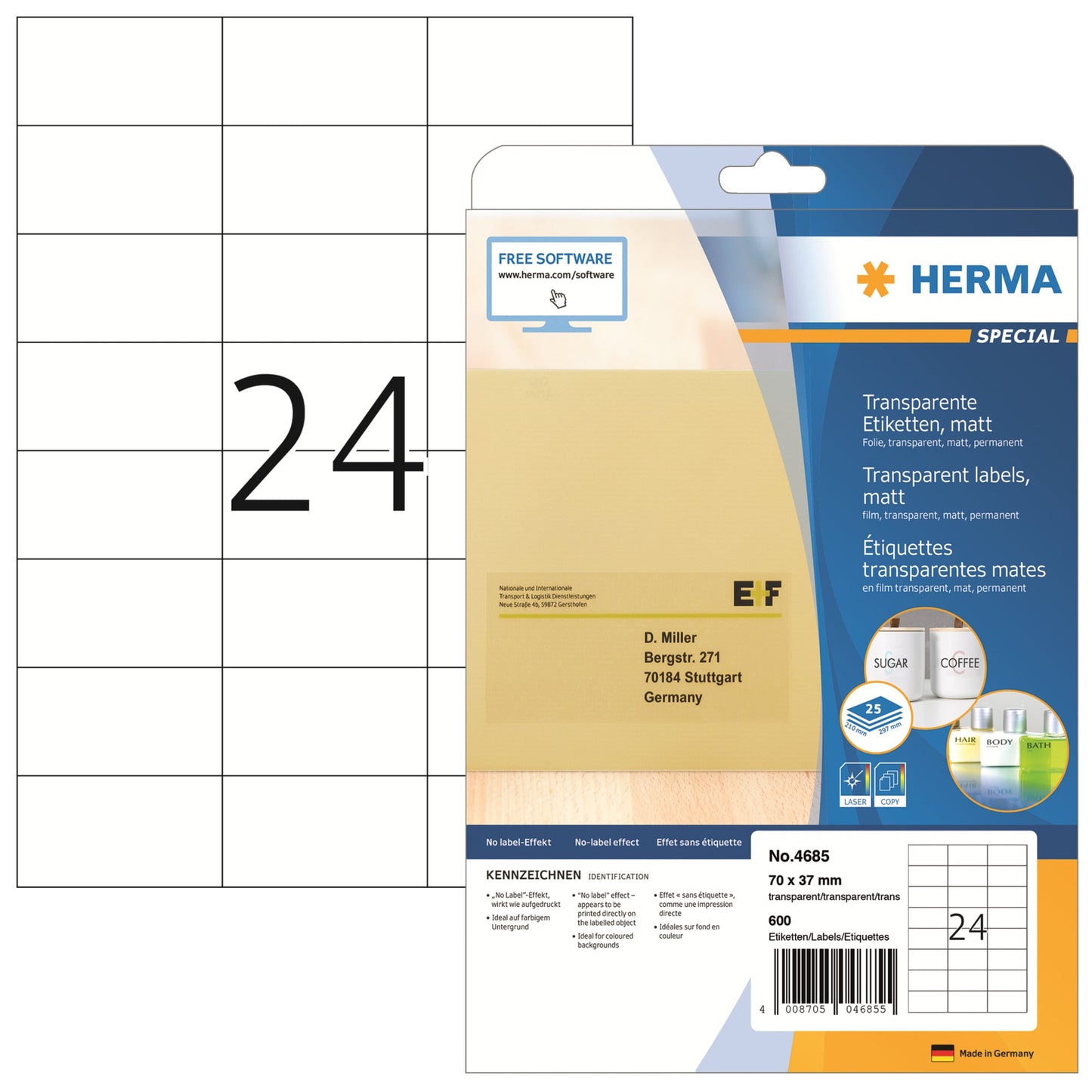 HERMA Folienetikett 70 x 37 mm (B x H) transparent 600 Etik./Pack.
