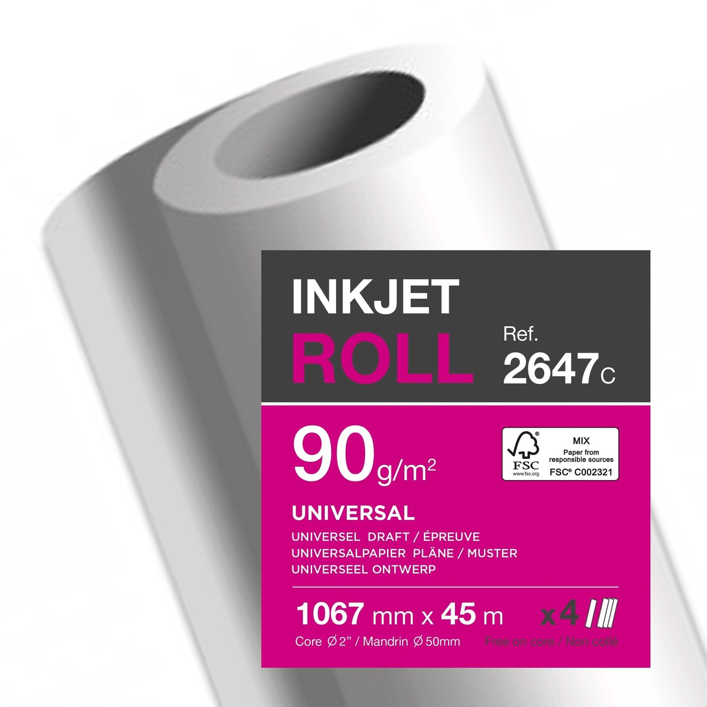 Clairefontaine Inkjetplotterpapier Inkjet Universal 1.067 mm x 45 m (B x L) 90g/m² hochweiß 4 Rl./Pack.
