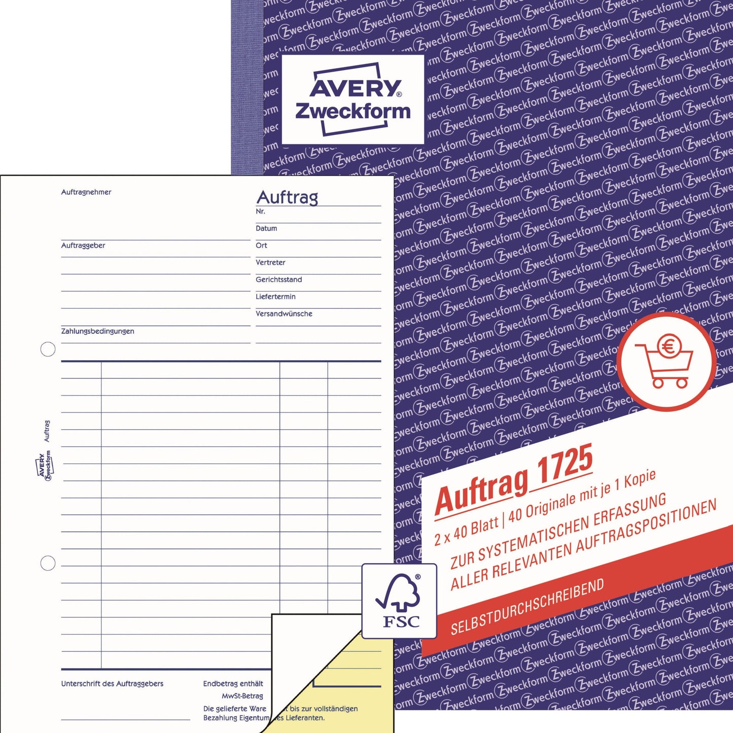 Avery Zweckform Auftragsformular 1725 DIN A5 54g/m² selbstdurchschreibend 1 Durchschlag handschriftlich, Schreibmaschine gelb 2 x 40 Bl.