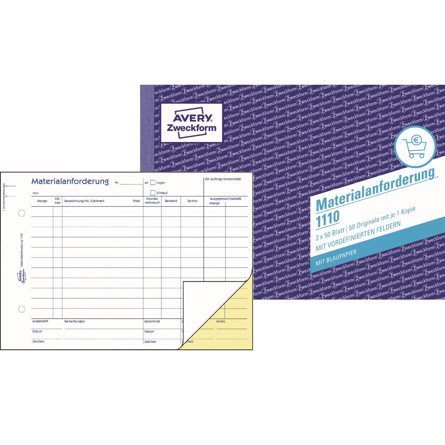 Avery Zweckform Materialanforderung 1110 DIN A5 quer nicht selbstdurchschreibend 1 Durchschlag 1 Blaupapier 2 x 50 Bl.