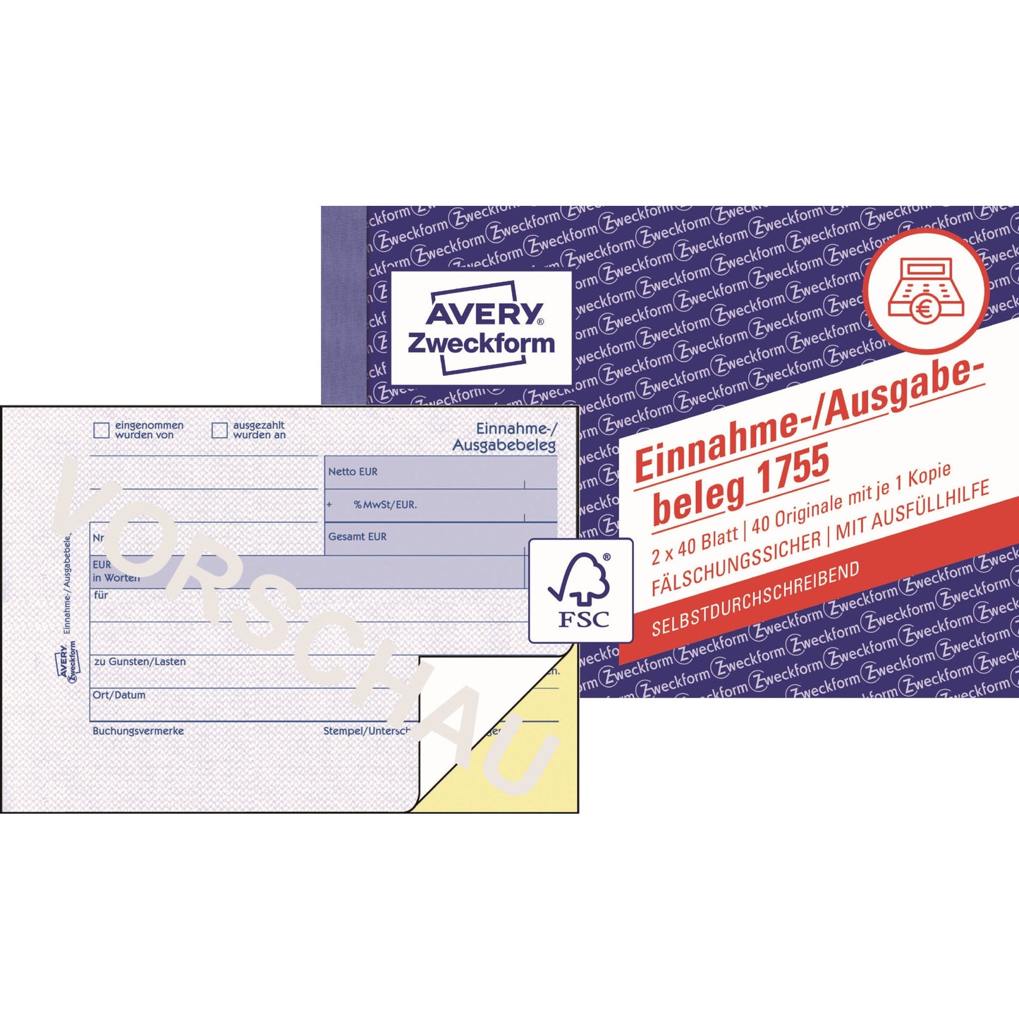 Avery Zweckform Einnahme-/Ausgabebeleg 1755 DIN A6 quer selbstdurchschreibend 1 Durchschlag 2 x 40 Bl.