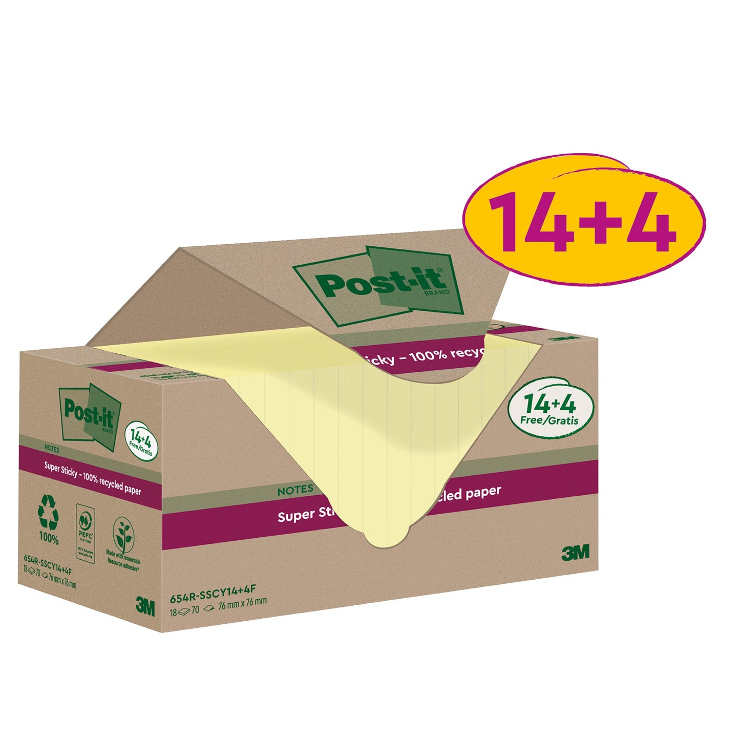 Post-it® Haftnotiz Super Sticky Recycling Notes 76 x 76 mm (B x H) gelb 70 Bl./Block 18 Block/Pack.