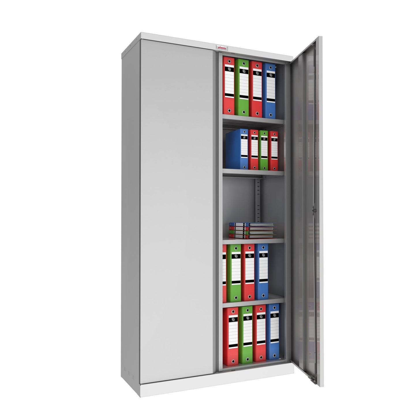 Phoenix Flügeltürenschrank 915 x 1.830 x 370 mm (B x H x T) 4 Fachböden Stahl, pulverbeschichtet Farbe der Front: grau Farbe des Korpus: grau