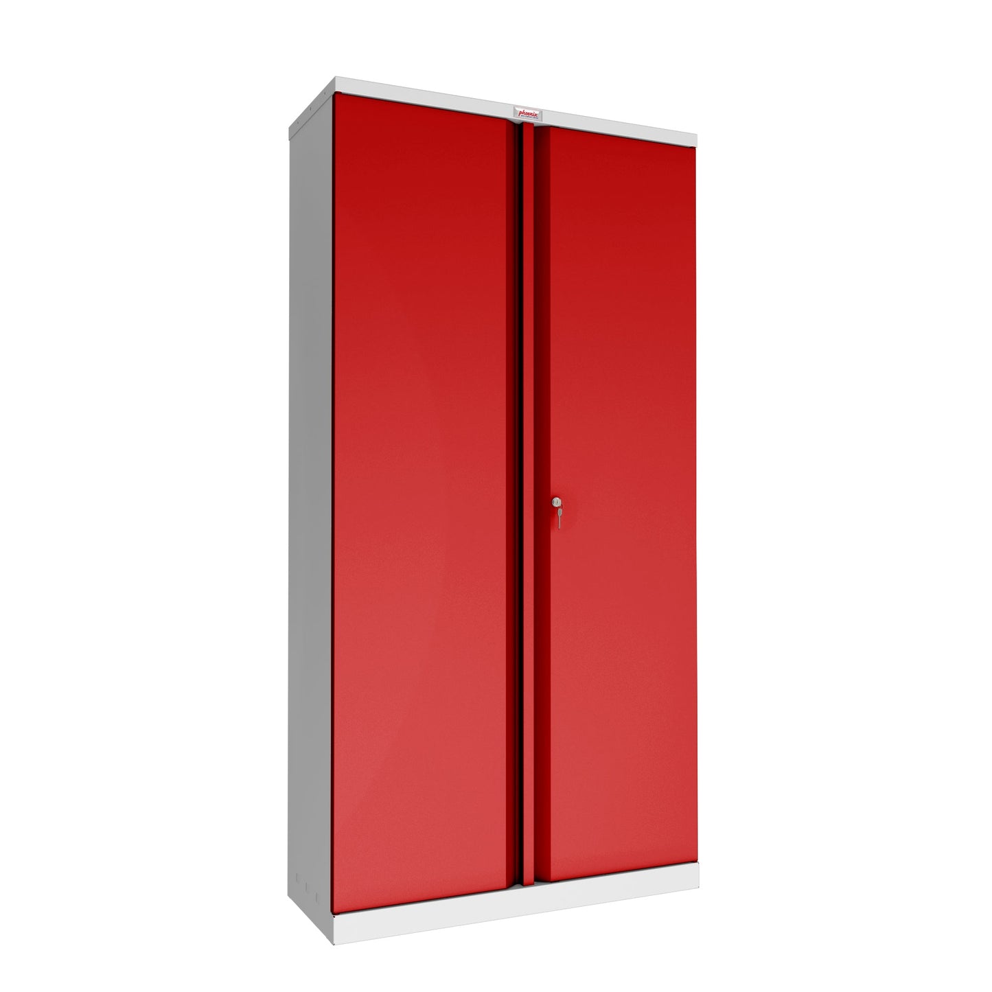 Phoenix Flügeltürenschrank 915 x 1.830 x 370 mm (B x H x T) 4 Fachböden Stahl, pulverbeschichtet Farbe der Front: rot Farbe des Korpus: grau