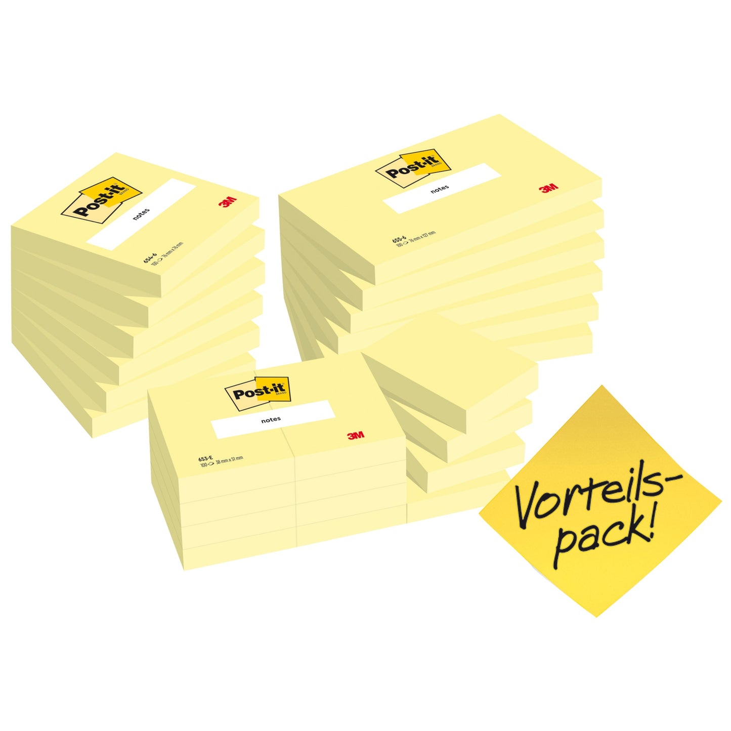 Post-it® Haftnotiz Notes Promotion 76 x 76 mm, 127 x 76 mm, 38 x 51 mm (B x H) gelb 100 Bl./Block 24 Block/Pack.
