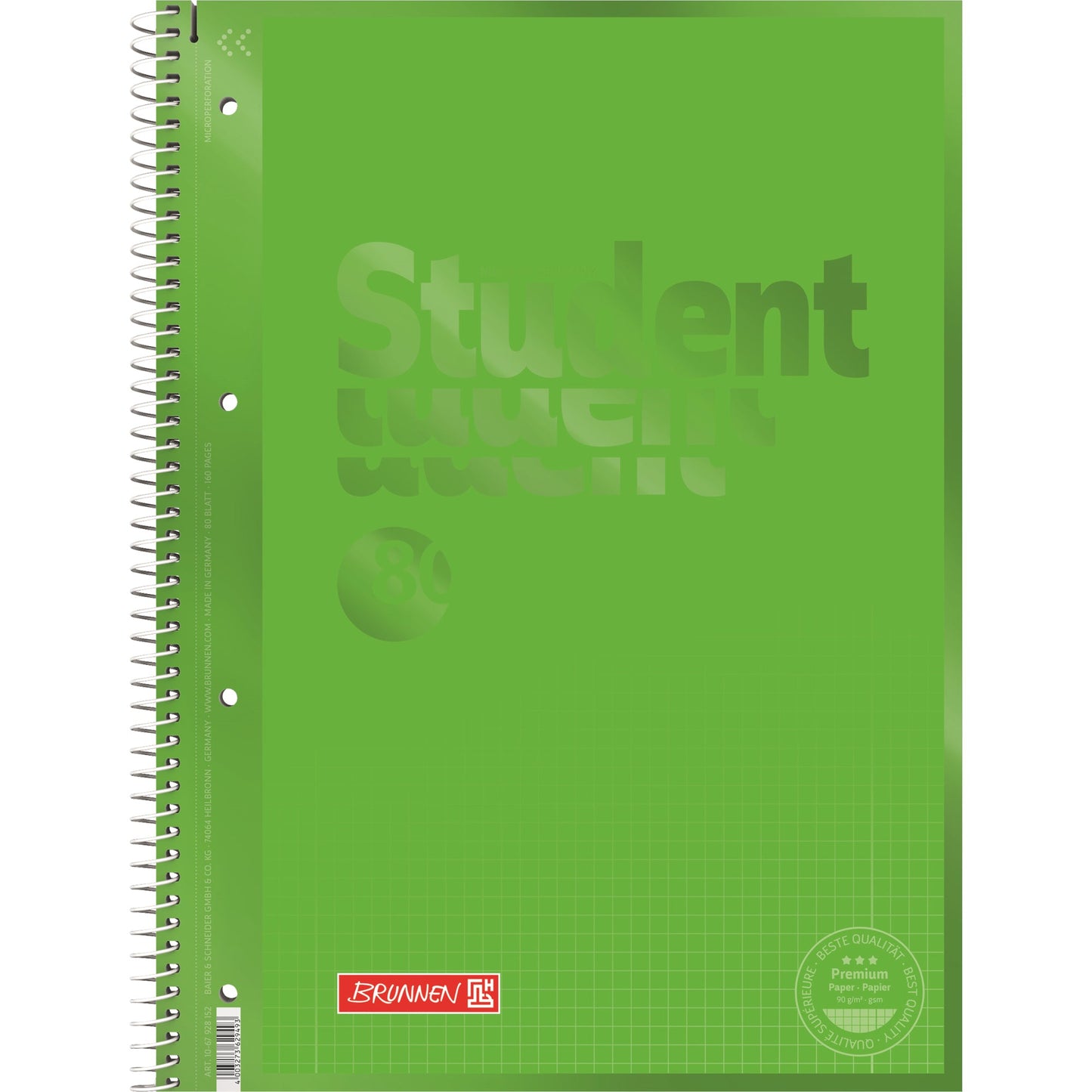BRUNNEN Collegeblock Student Colour Code DIN A4 kariert mit Rand innen/außen 90g/m² kiwi grün 80 Bl.