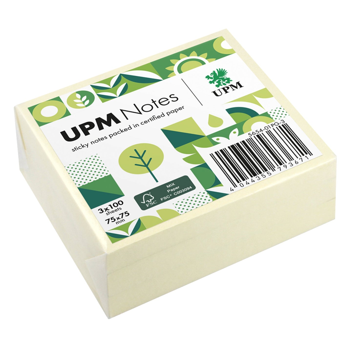UPM Notes Haftnotiz 75 x 75 mm (B x H) gelb 100 Bl./Block 3 Block/Pack.