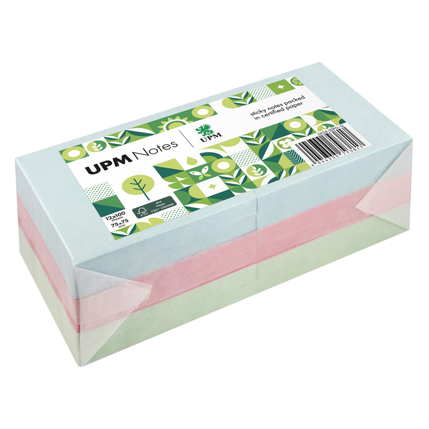 UPM Notes Haftnotiz Pastell 75 x 75 mm (B x H) je 4 x hellblau, rosa, hellgrün 100 Bl./Block 12 Block/Pack.
