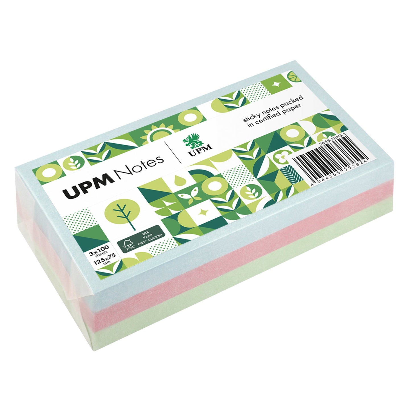 UPM Notes Haftnotiz Pastell 125 x 75 mm (B x H) hellblau, rosa, hellgrün 100 Bl./Block 3 Block/Pack.