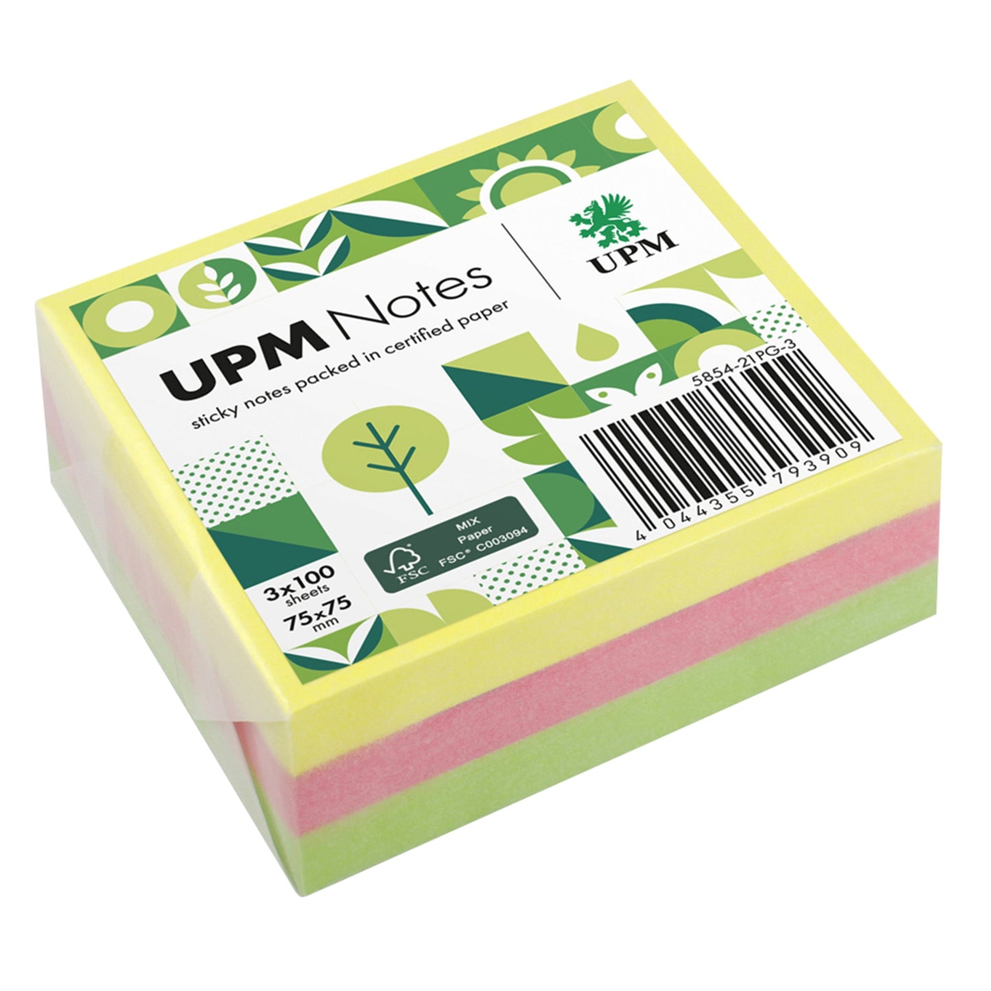 UPM Notes Haftnotiz Brillant 75 x 75 mm (B x H) gelb, rosa, grün 100 Bl./Pack. 3 Block/Pack.