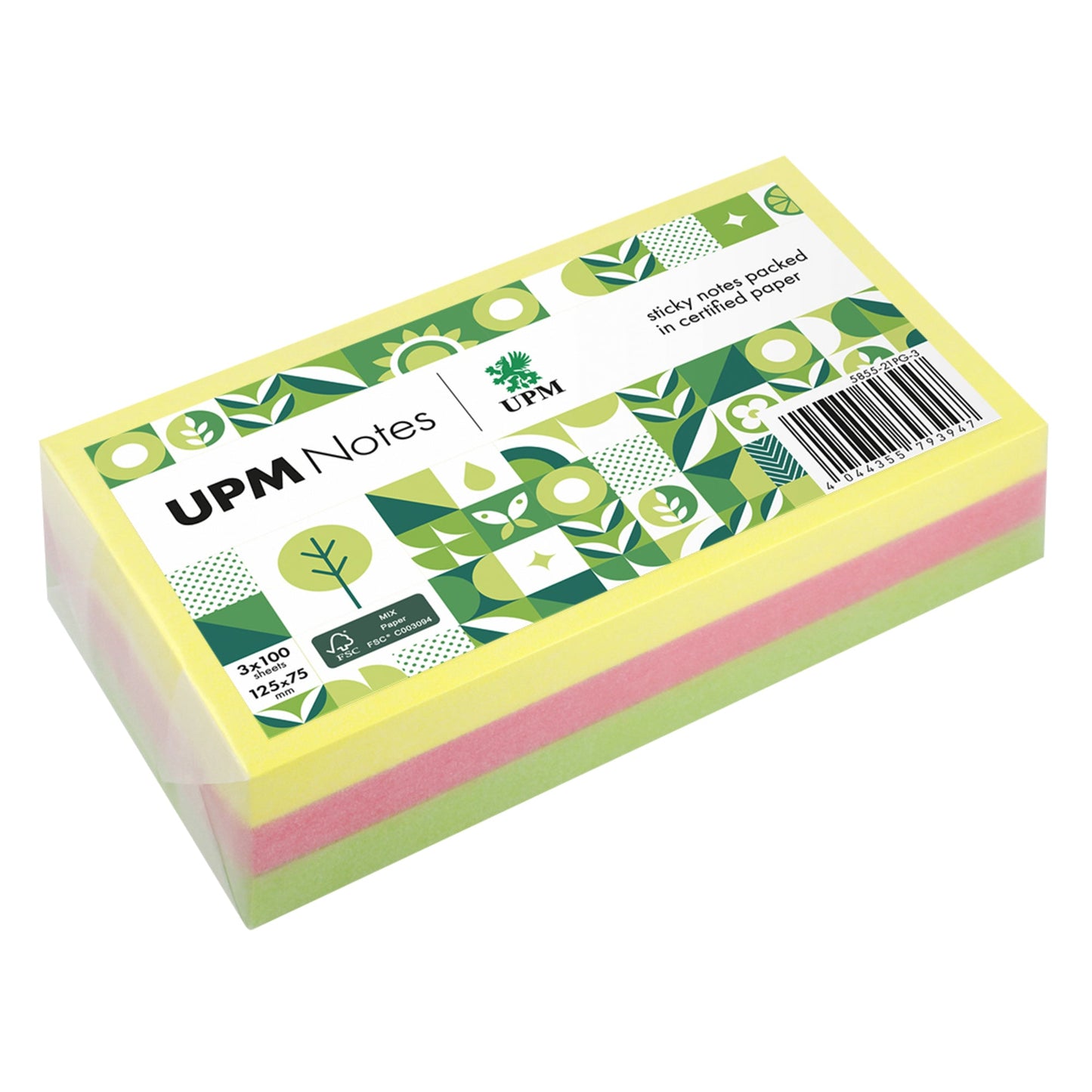 UPM Notes Haftnotiz Brillant 125 x 75 mm (B x H) gelb, rosa, grün 100 Bl./Pack. 3 Block/Pack.