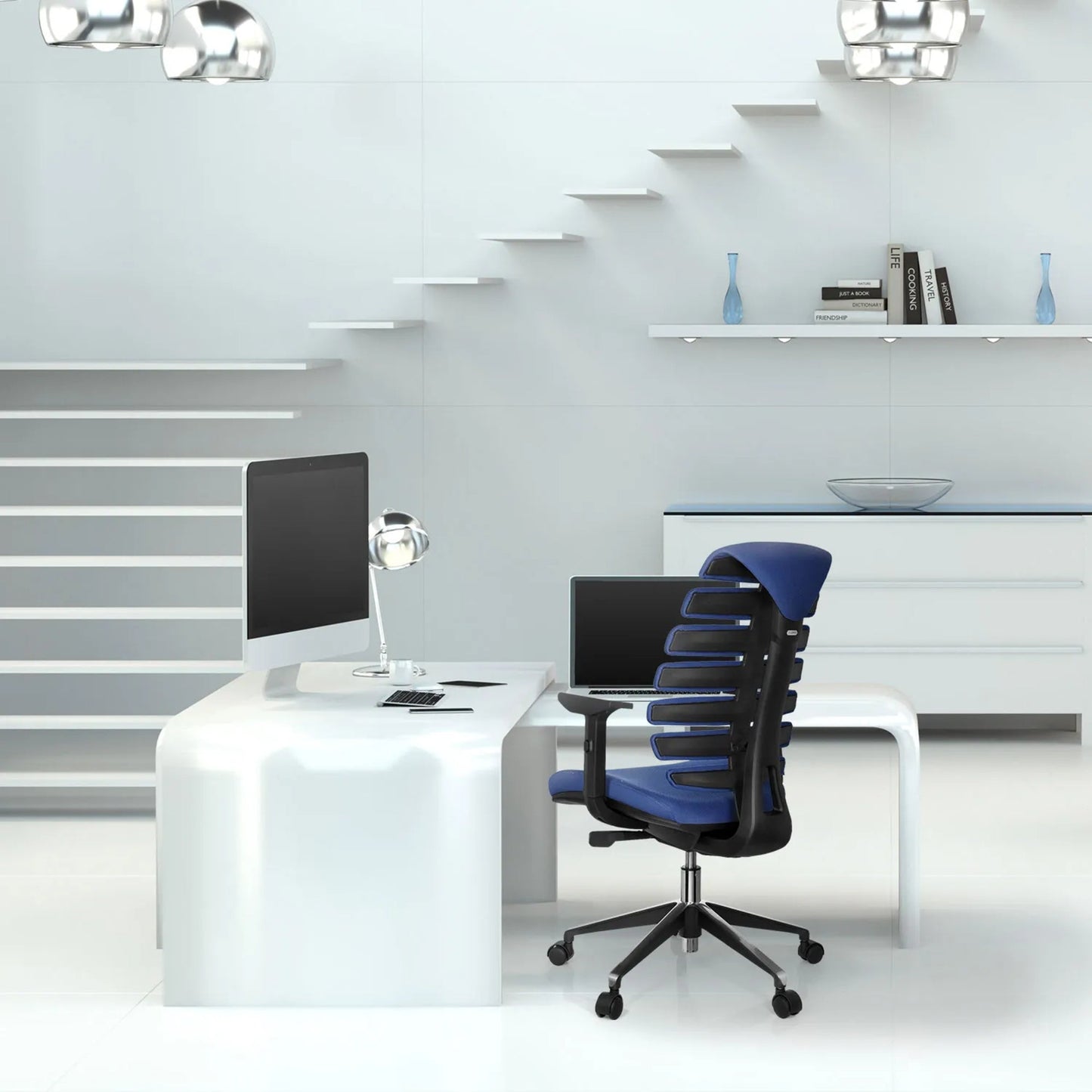 hjh OFFICE Bürodrehstuhl ERGO LINE II 45-55cm Synchronmechanik Rolle hart gebremst (für Teppichboden) Aluminium blau