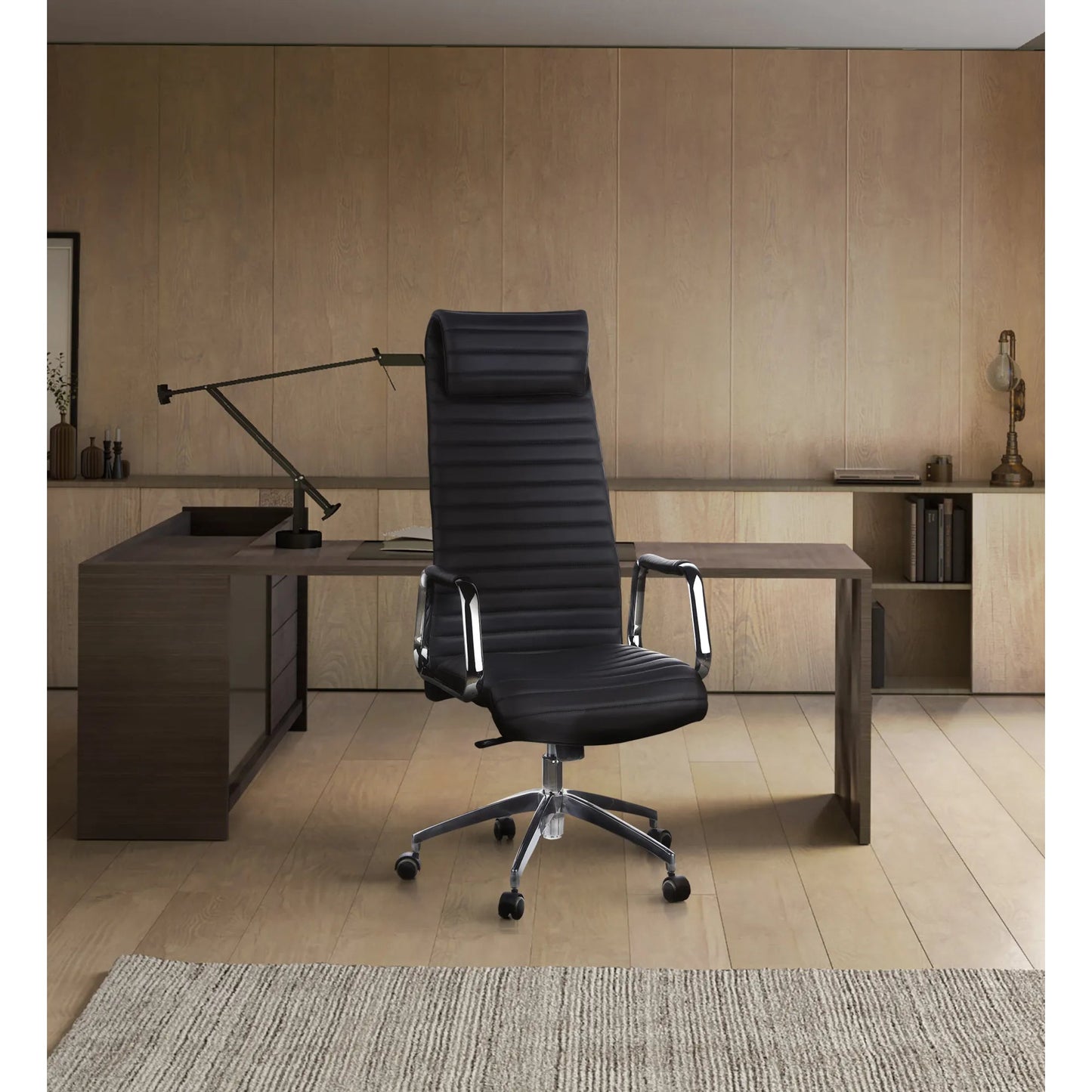 hjh OFFICE Chefsessel ASPERA 20 47-57cm Synchronmechanik mit Armlehnen Rolle universell (für Hart- und Teppichböden) Aluminium, poliert schwarz
