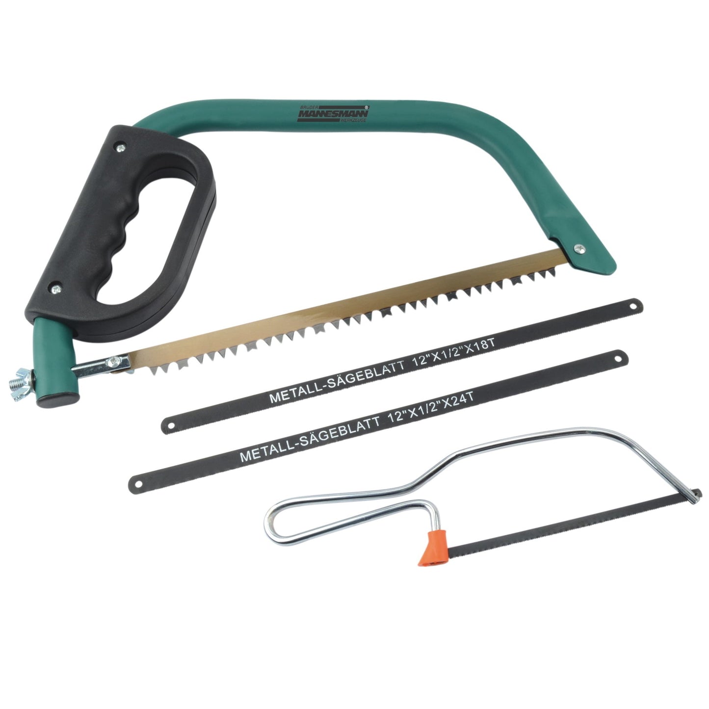 BRÜDER MANNESMANN Säge Bügelsäge 300mm inkl. 3 Sägeblätter (1 x Holz, 2 x Metall), Haushaltssägebogen Metall grün/schwarz