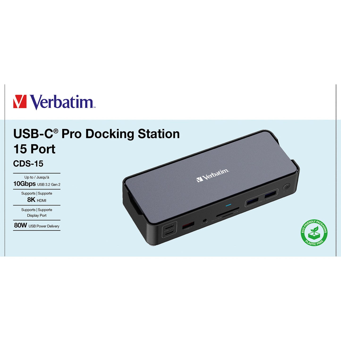Verbatim Dockingstation CDS-15 16,8 x 3,3 x 6,9 cm (B x H x T) USB-C 1 x USB-A 2.0, 3 x USB-A 3.2 (Gen 1/2), 2 x USB-C 3.2 (Gen 2), 1 x USB-C (PowerDelivery, 100 W), 2 x HDMI, 1 x DisplayPort 1.4, 1 x RJ45 Gigabit, 1 x USB-C Host, 1 x 3,5 mm Klinkenbuchse