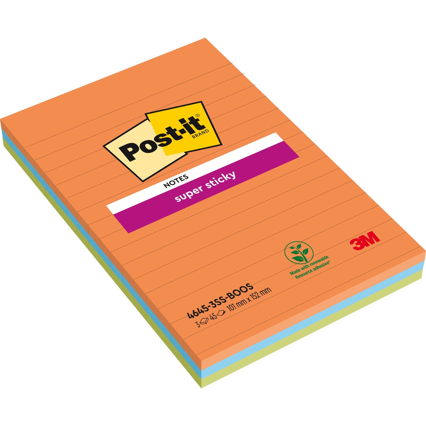 Post-it® Haftnotiz Super Sticky Notes 101 x 152 mm (B x H) vitalorange, paradiseblau, limonengrün 45 Bl./Block 3 Block/Pack.
