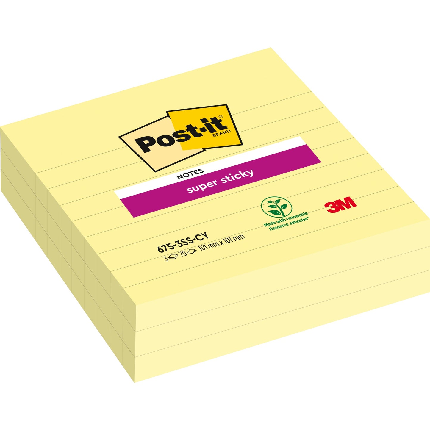 Post-it® Haftnotiz Super Sticky Notes 101 x 101 mm (B x H) gelb 70 Bl./Block 3 Block/Pack.