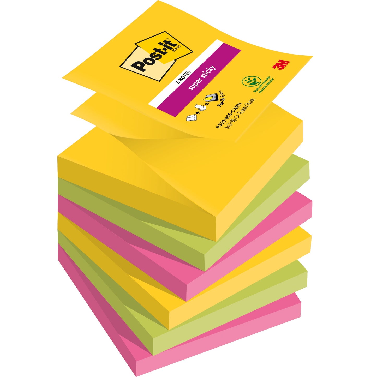 Post-it® Haftnotiz Super Sticky Z-Notes Carnival Collection 76 x 76 mm (B x H) ultragelb, limonengrün, powerpink 90 Bl./Block 6 Block/Pack.