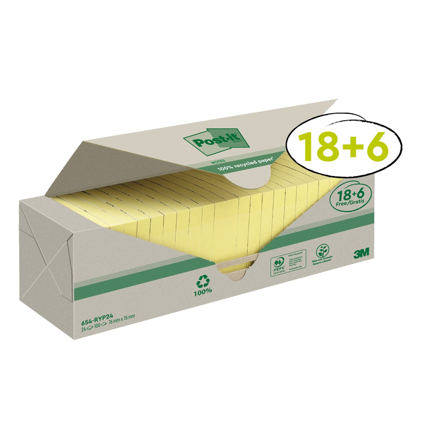 Post-it® Haftnotiz Recycling Notes 76 x 76 mm (B x H) gelb 100 Bl./Block 24 Block/Pack.